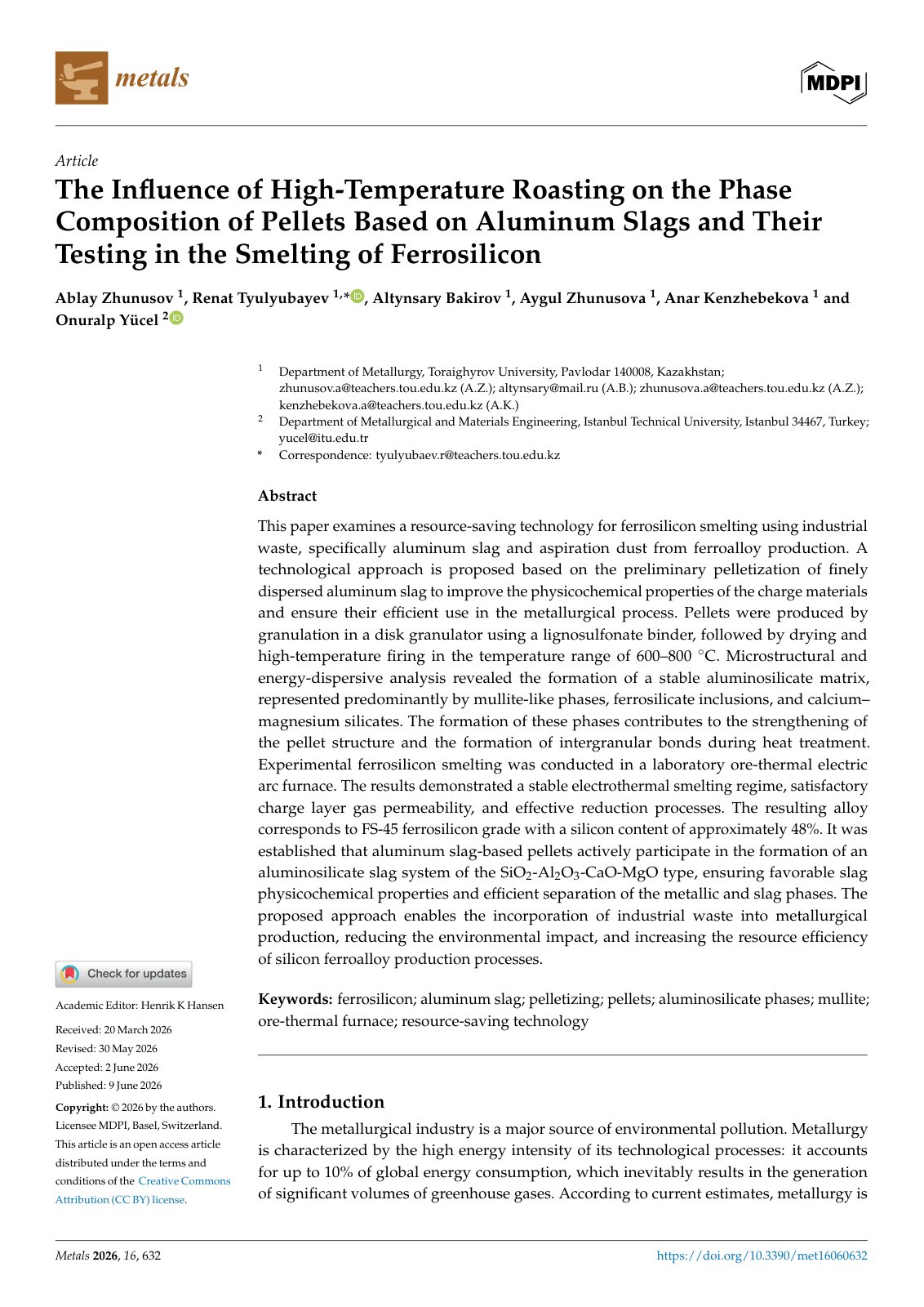 First page of The Influence of High-Temperature Roasting on the Phase Composition of Pellets Based on Aluminum Slags and Their Testing in the Smelting of Ferrosilicon