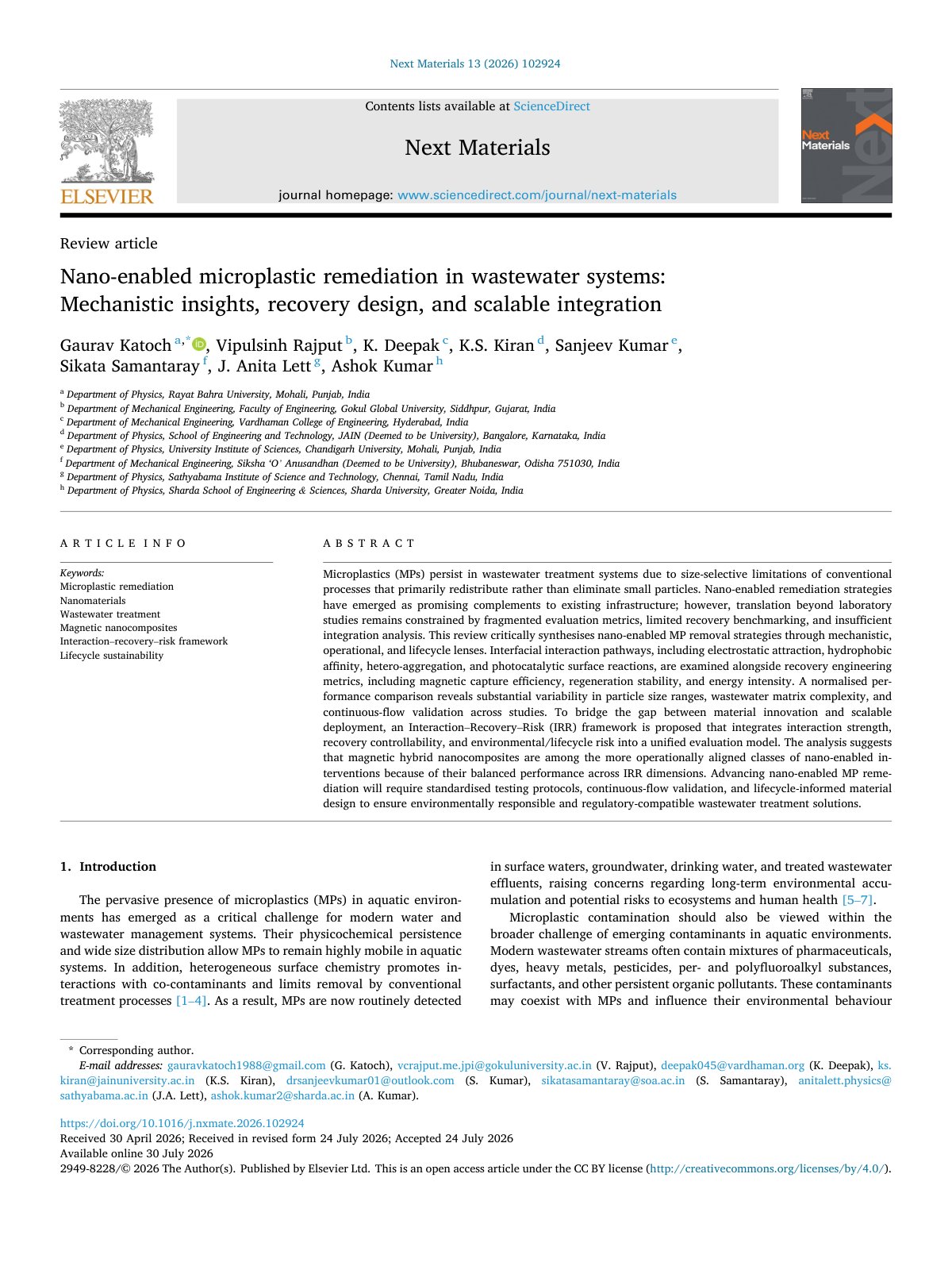 First page of Nano enabled microplastic remediation in wastewater systems  Me 2026 Next Ma