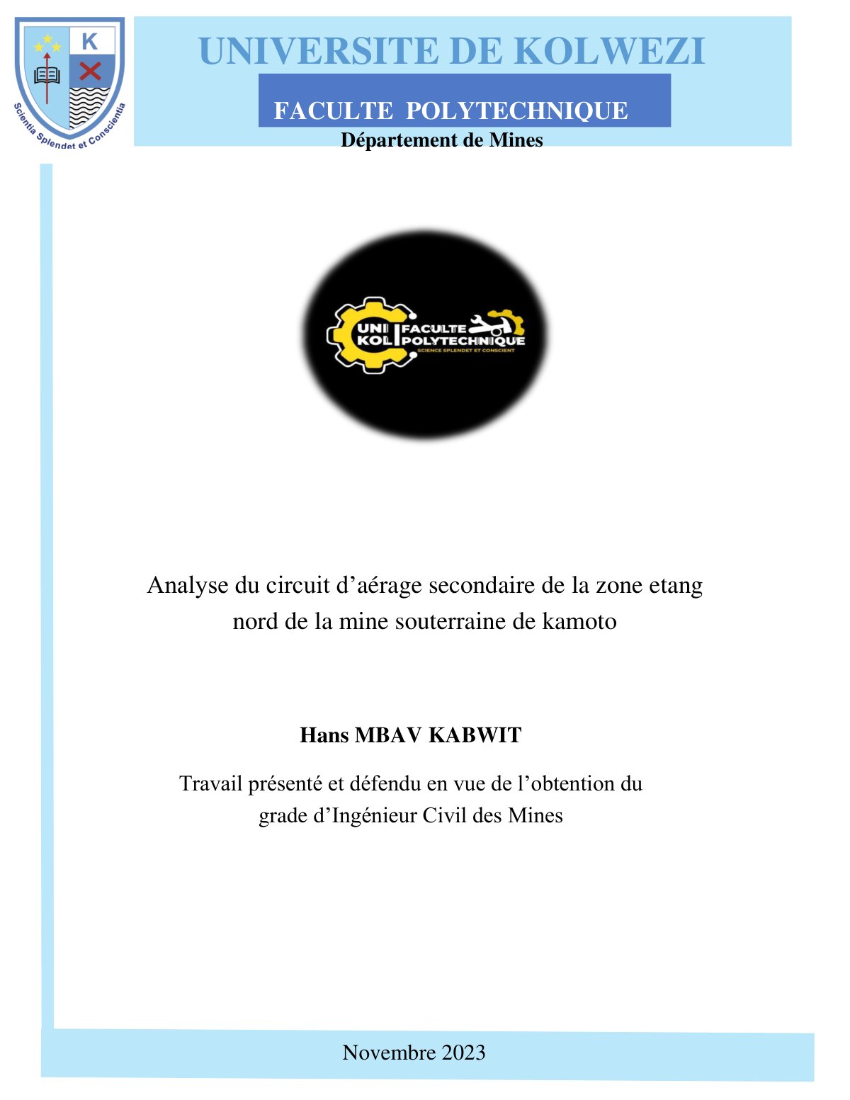 First page of Kabwit H. (2023). Analyse du circuit daérage secondaire de la zone étang Nord de la mine  souterraine kabwit. VF