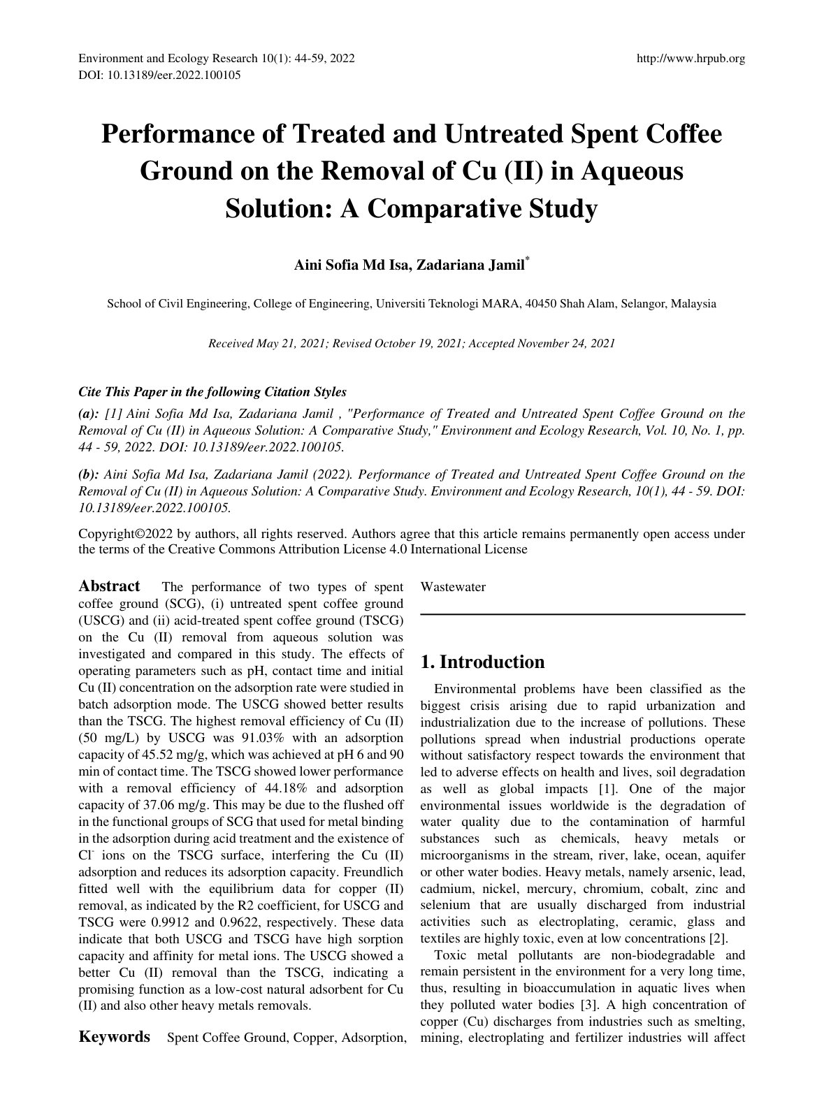 First page of Performance of Treated and Untreated Spent Coffee Ground on the Removal of Cu (II) in Aqueous Solution: A Comparative Study