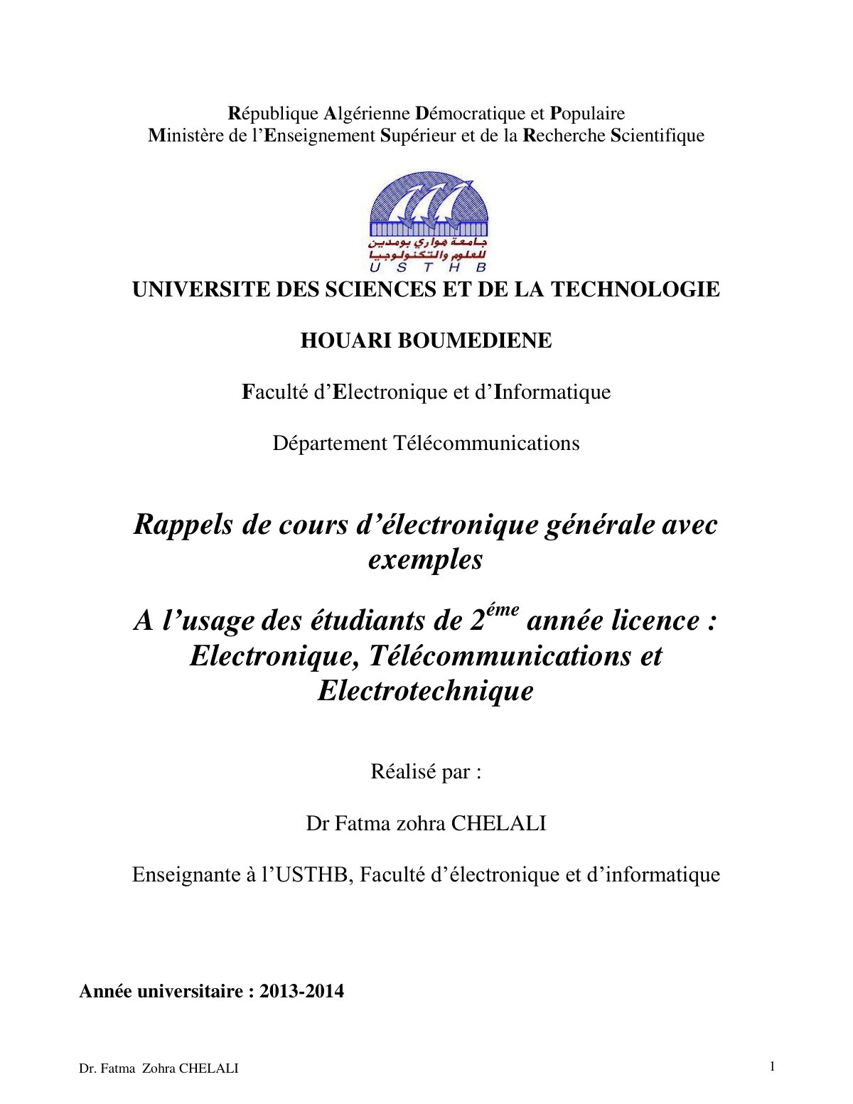 First page of ELECTRONIQUE general USTHB 2