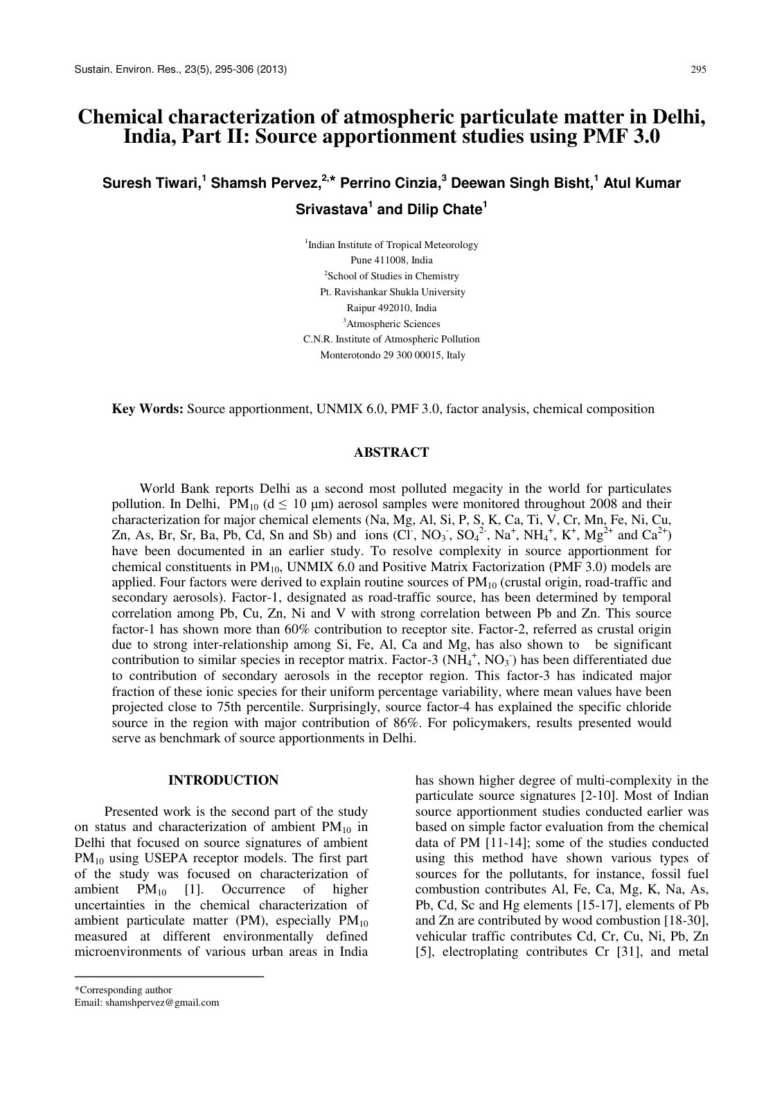 First page of Chemical characterization of atmospheric particulate matter in Delhi, India, Part II: Source apportionment studies using PMF 3.0