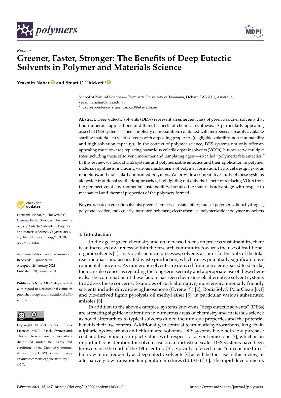 First page of Greener, Faster, Stronger: The Beneﬁts of Deep Eutectic Solvents in Polymer and Materials Science
