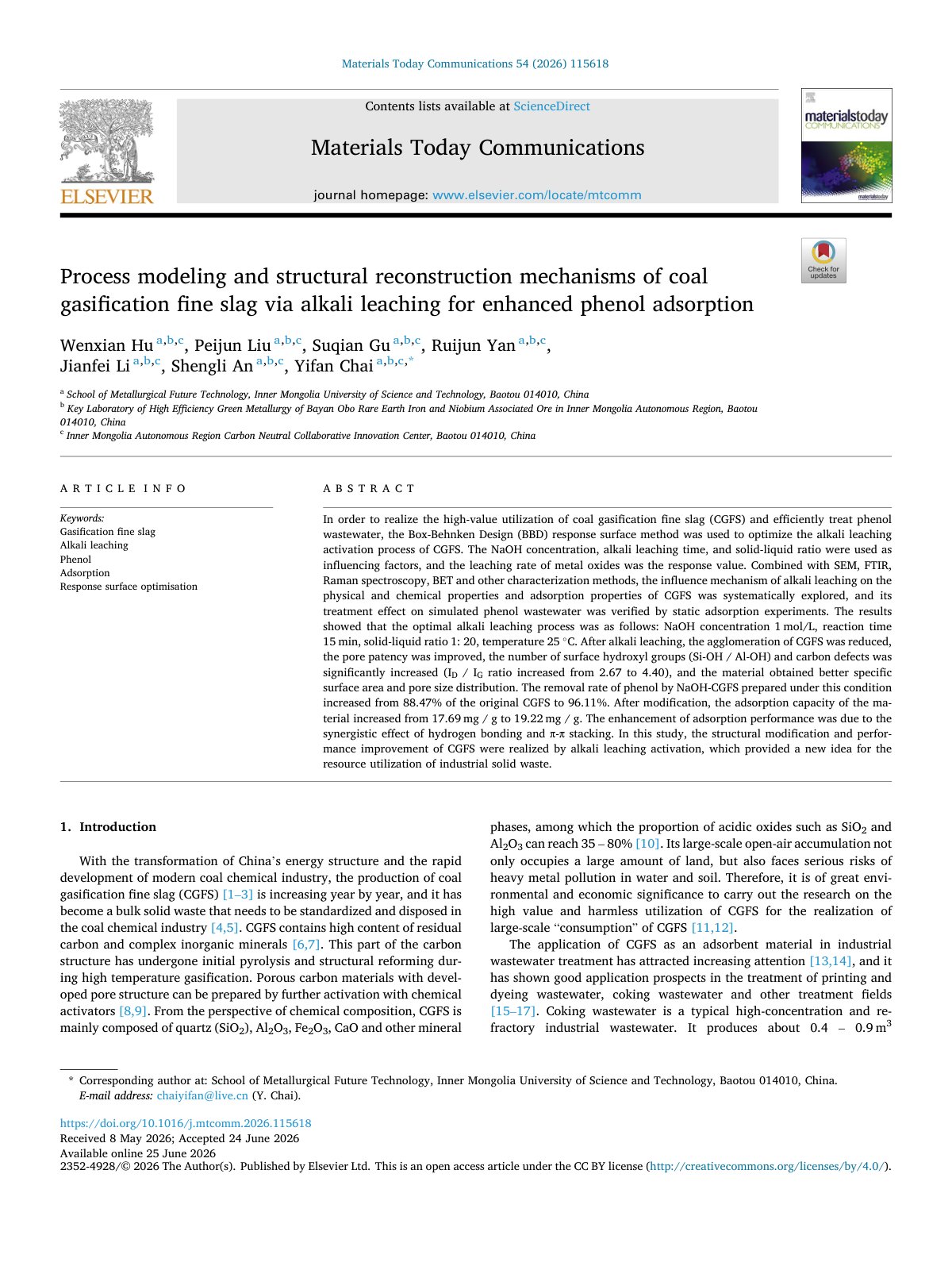 First page of Process modeling and structural reconstruction mechanisms  2026 Materials To