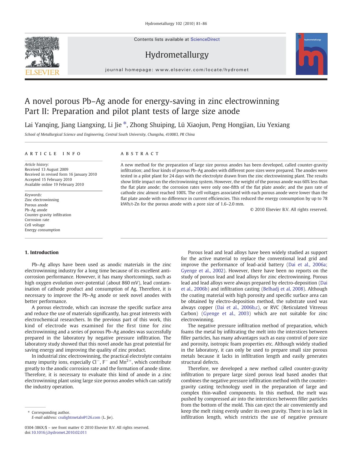 First page of A novel porous Pb Ag anode for energy sa