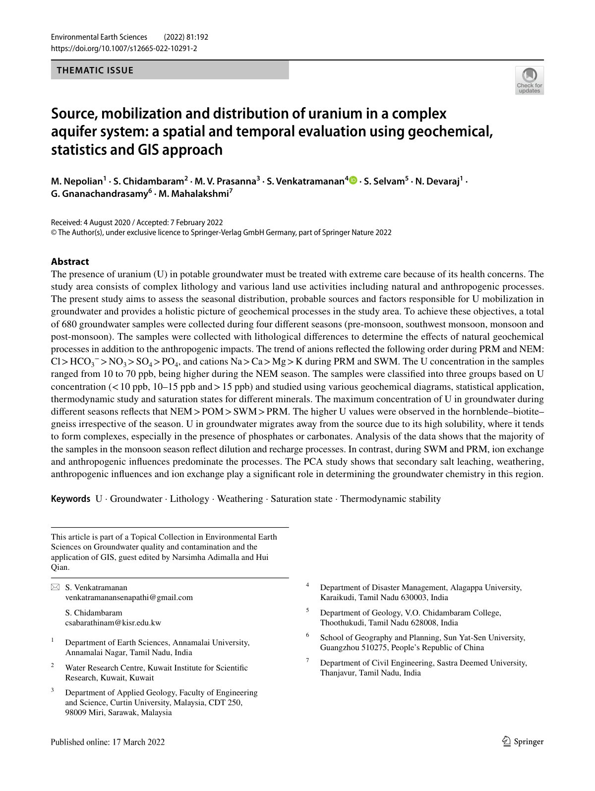 First page of Source, mobilization and distribution of uranium in a complex aquifer system: a spatial and temporal evaluation using geochemical, statistics and GIS approach