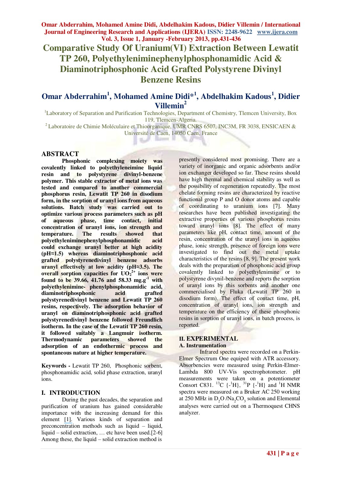 First page of Comparative Study Of Uranium(VI) Extraction Between Lewatit TP 260, Polyethyleniminephenylphosphonamidic Acid & Diaminotriphosphonic Acid Grafted Polystyrene Divinyl Benzene Resins