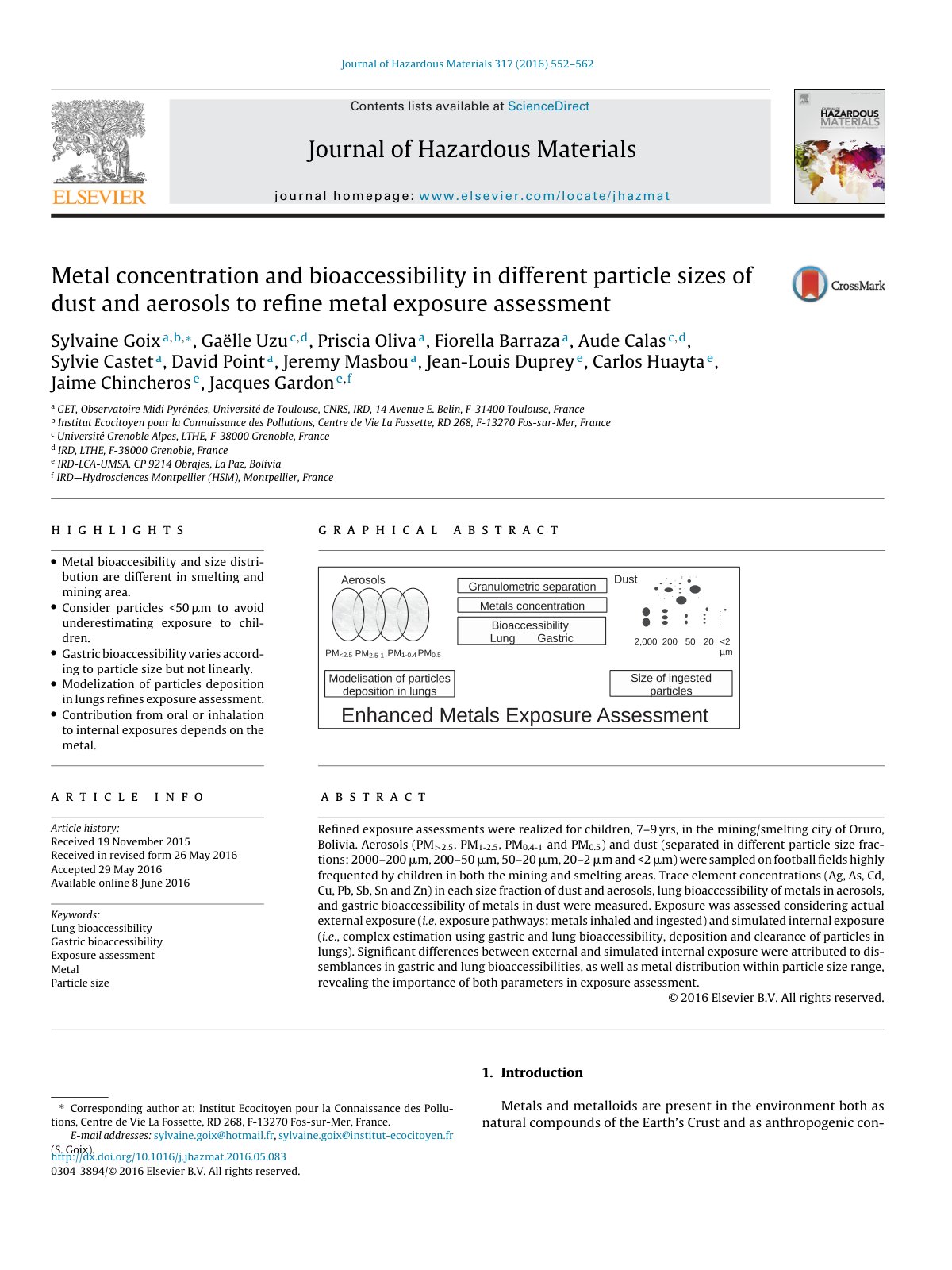 First page of Metal concentration and bioaccessibility in different particle sizes of dust and aerosols to refine metal exposure assessment