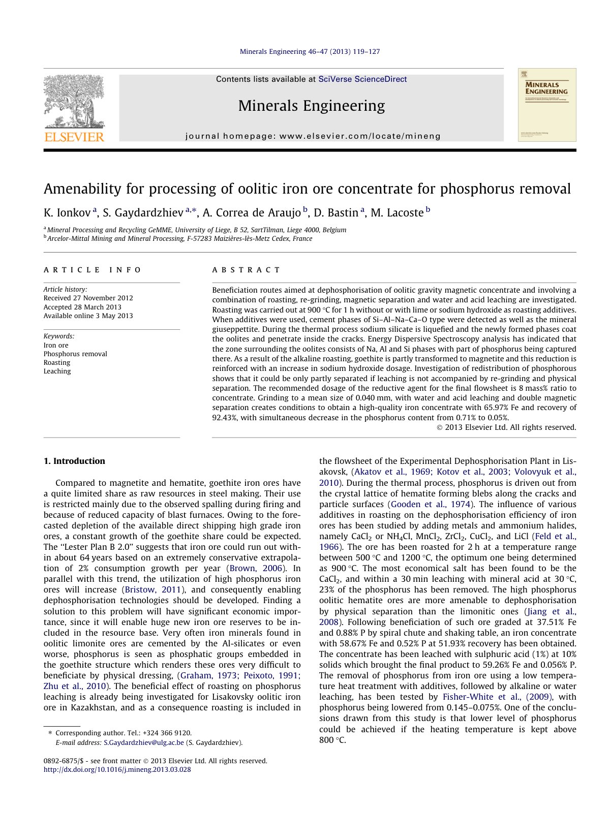 First page of Amenability for processing of oolitic iron ore concentrate for phosphorus removal