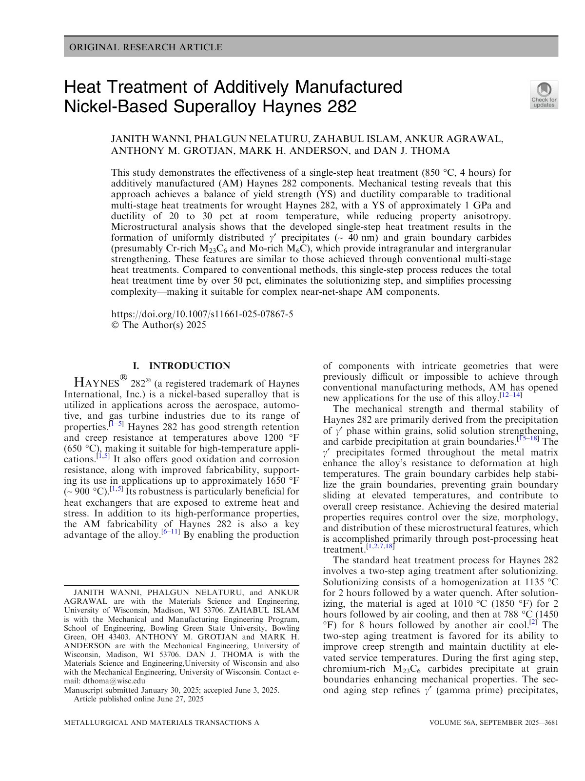 First page of Heat Treatment of Additively Manufactured Nickel-Based Superalloy Haynes 282