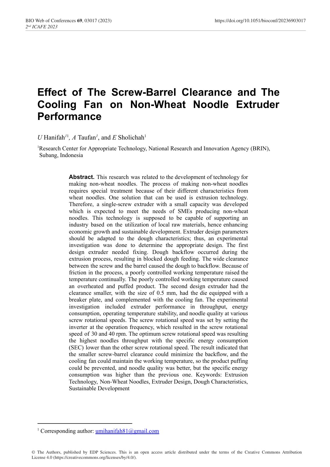 First page of Effect of The Screw-Barrel Clearance and The Cooling Fan on Non-Wheat Noodle Extruder Performance