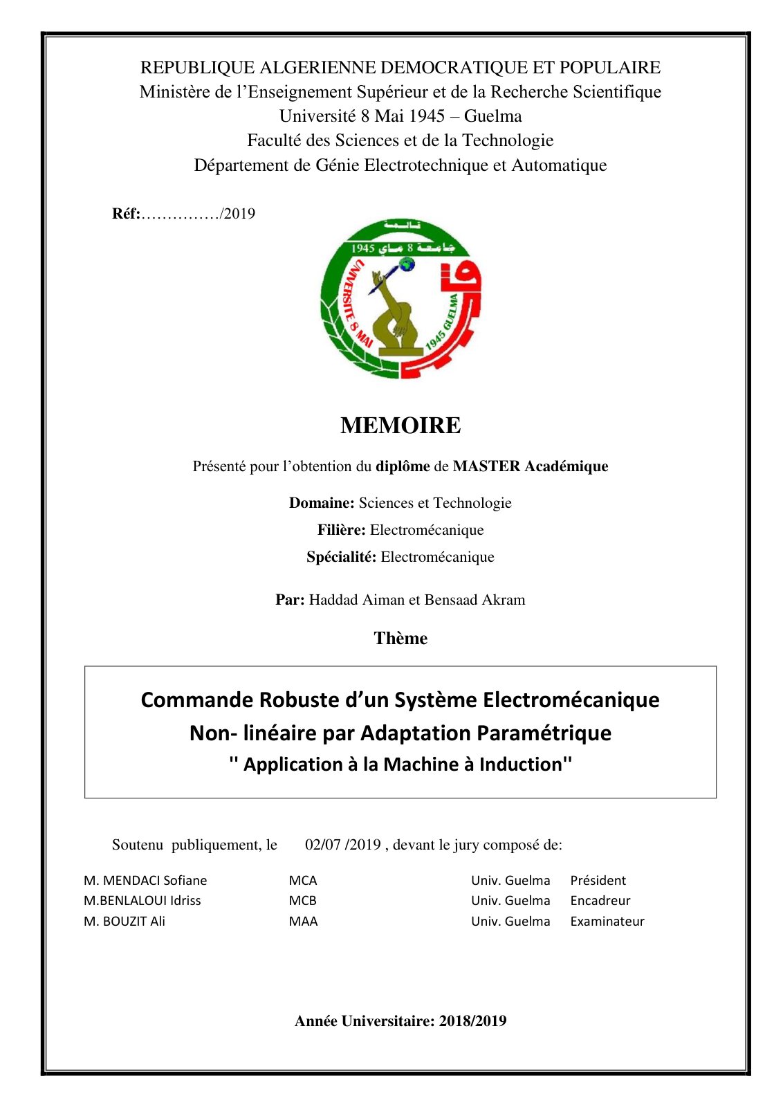 First page of commande robuste d un systeme electromécanique