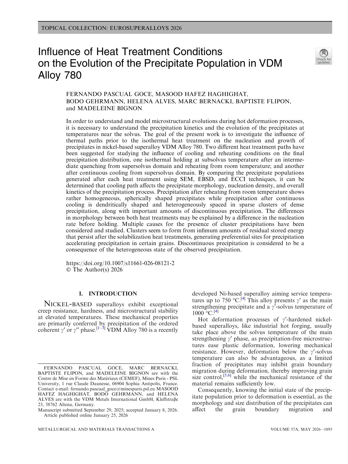First page of Inﬂuence of Heat Treatment Conditions on the Evolution of the Precipitate Population in VDM Alloy 780