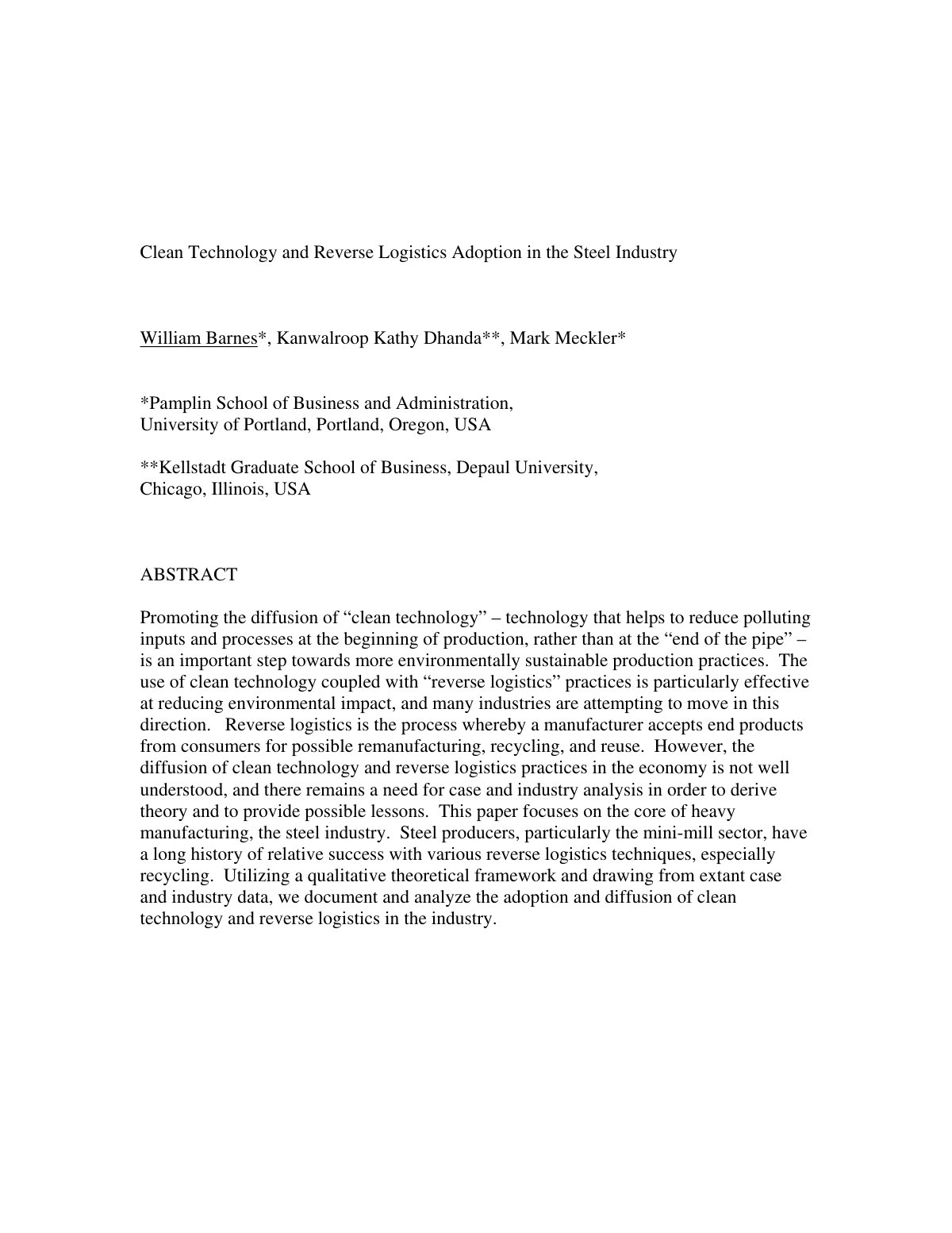 First page of Clean Technology and Reverse Logistics A