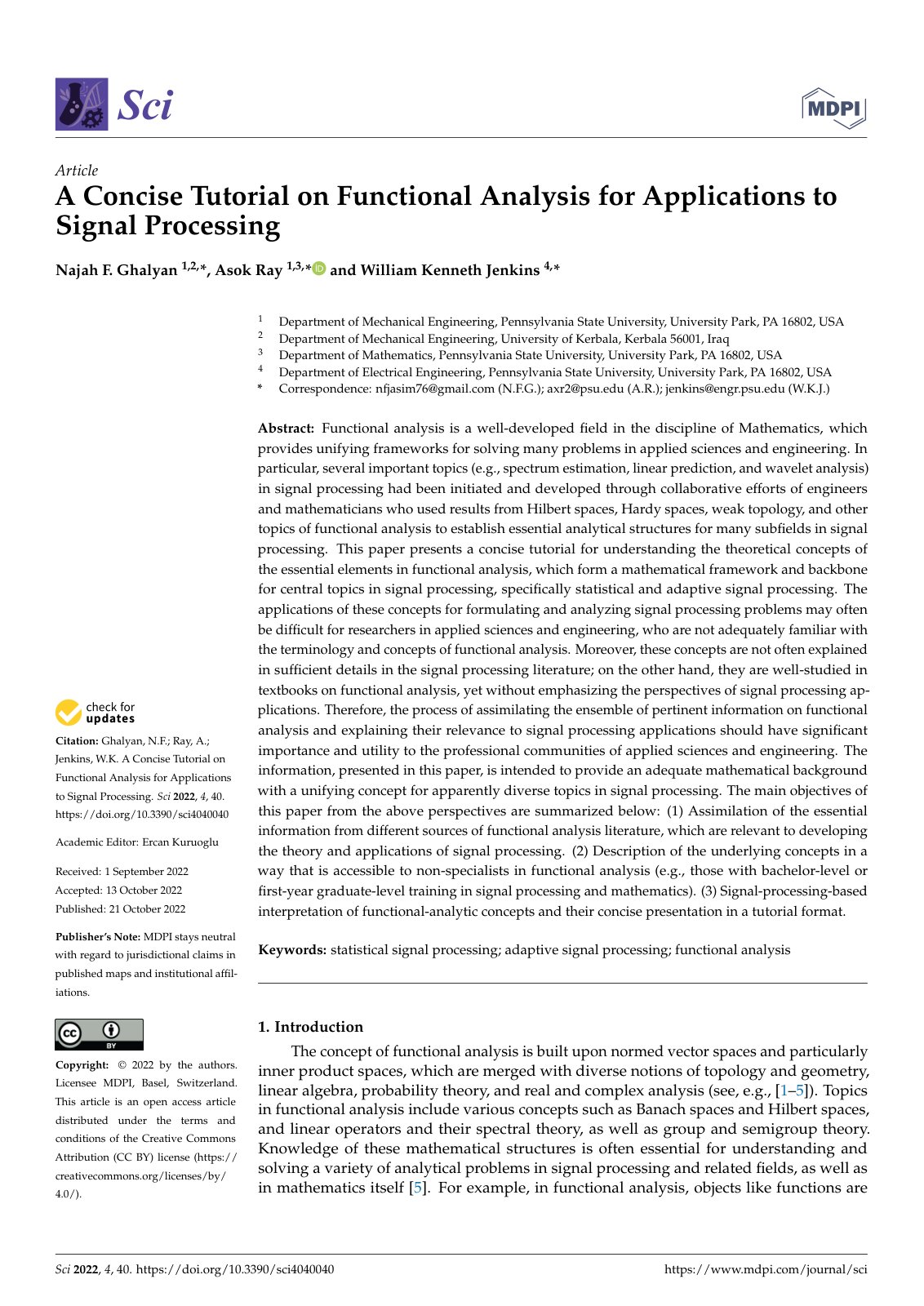 First page of A Concise Tutorial on Functional Analysis for Applications to Signal Processing