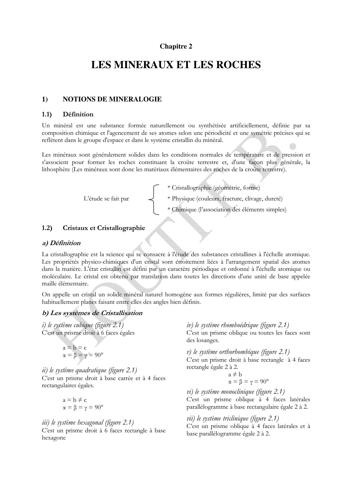 First page of Chapitre 2 LES MINERAUX ET LES ROCHES 1
