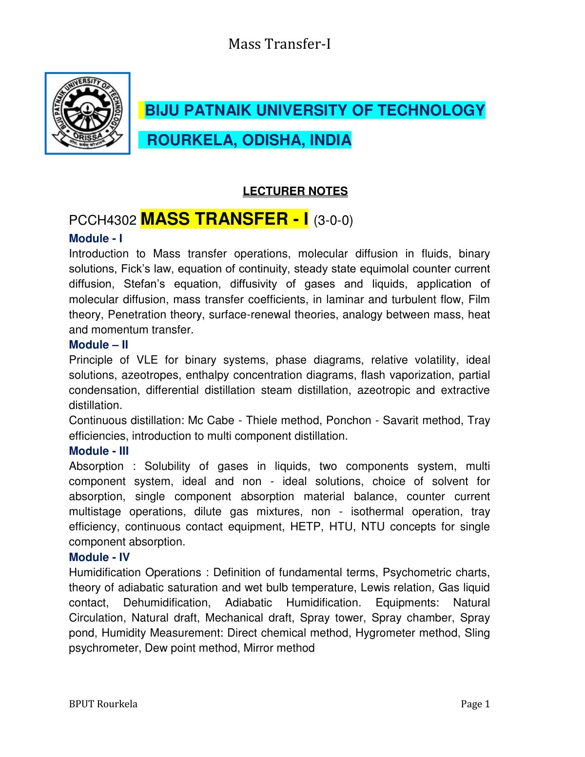 First page of Mass Transfer I