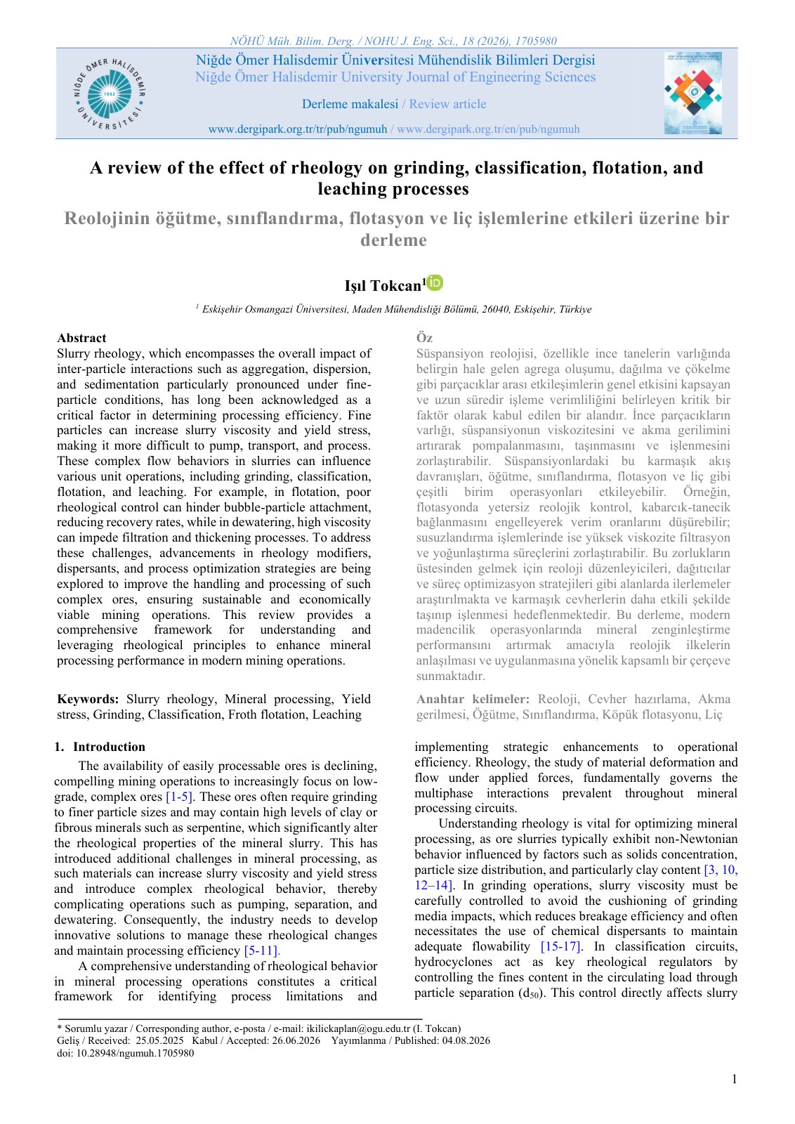 First page of A review of the effect of rheology on grinding, classification, flotation, and leaching processes