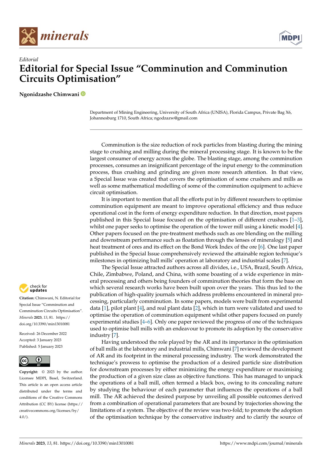 First page of Editorial for Special Issue “Comminution and Comminution Circuits Optimisation”