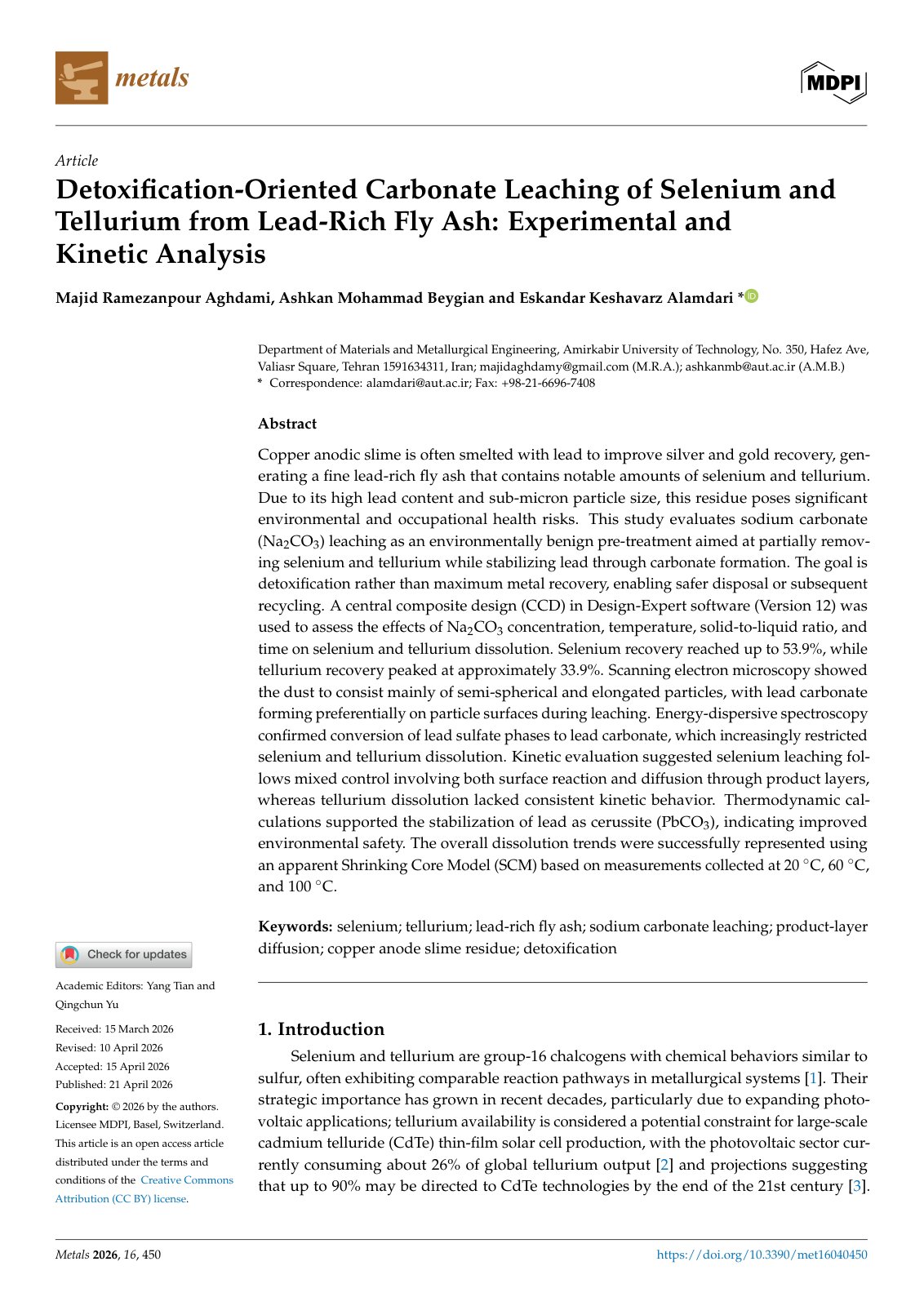 First page of Detoxification-Oriented Carbonate Leaching of Selenium and Tellurium from Lead-Rich Fly Ash: Experimental and Kinetic Analysis