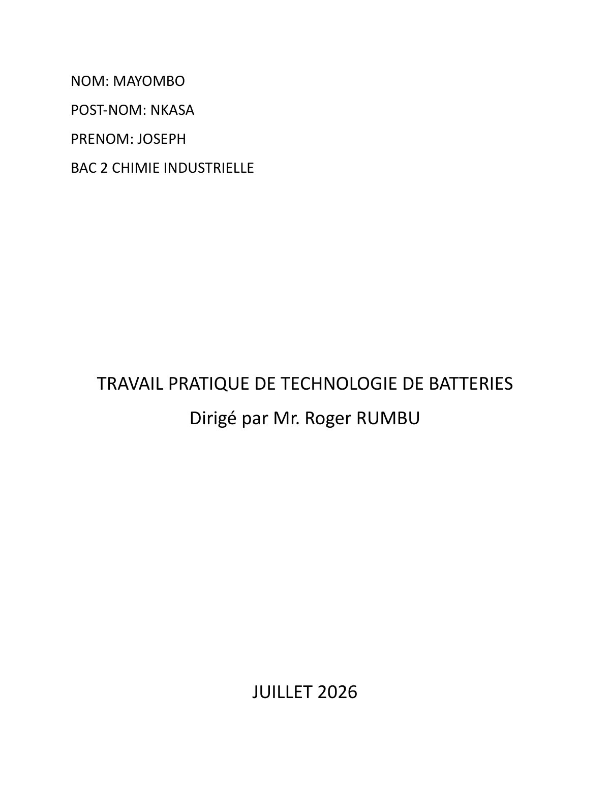 First page of TRAVAIL PRATIQUE DE TECHNOLOGIE DE BATTERIES