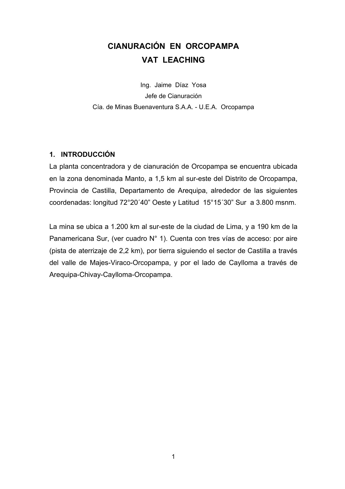 First page of Cianuración en Orcopampa: Vat Leaching