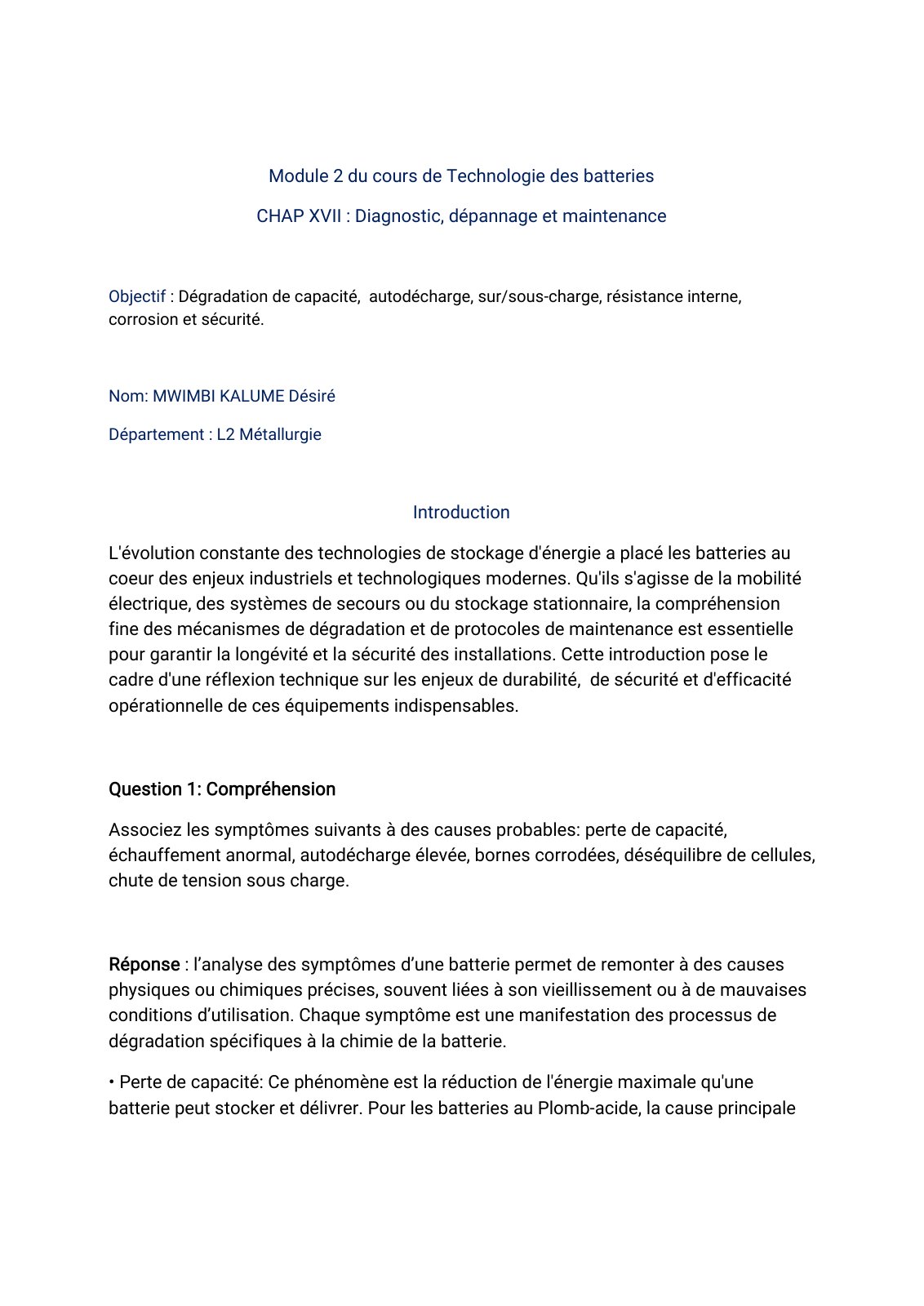 First page of TP de Technologie des batteries MWIMBI KALUME DÉSIRÉ 051032