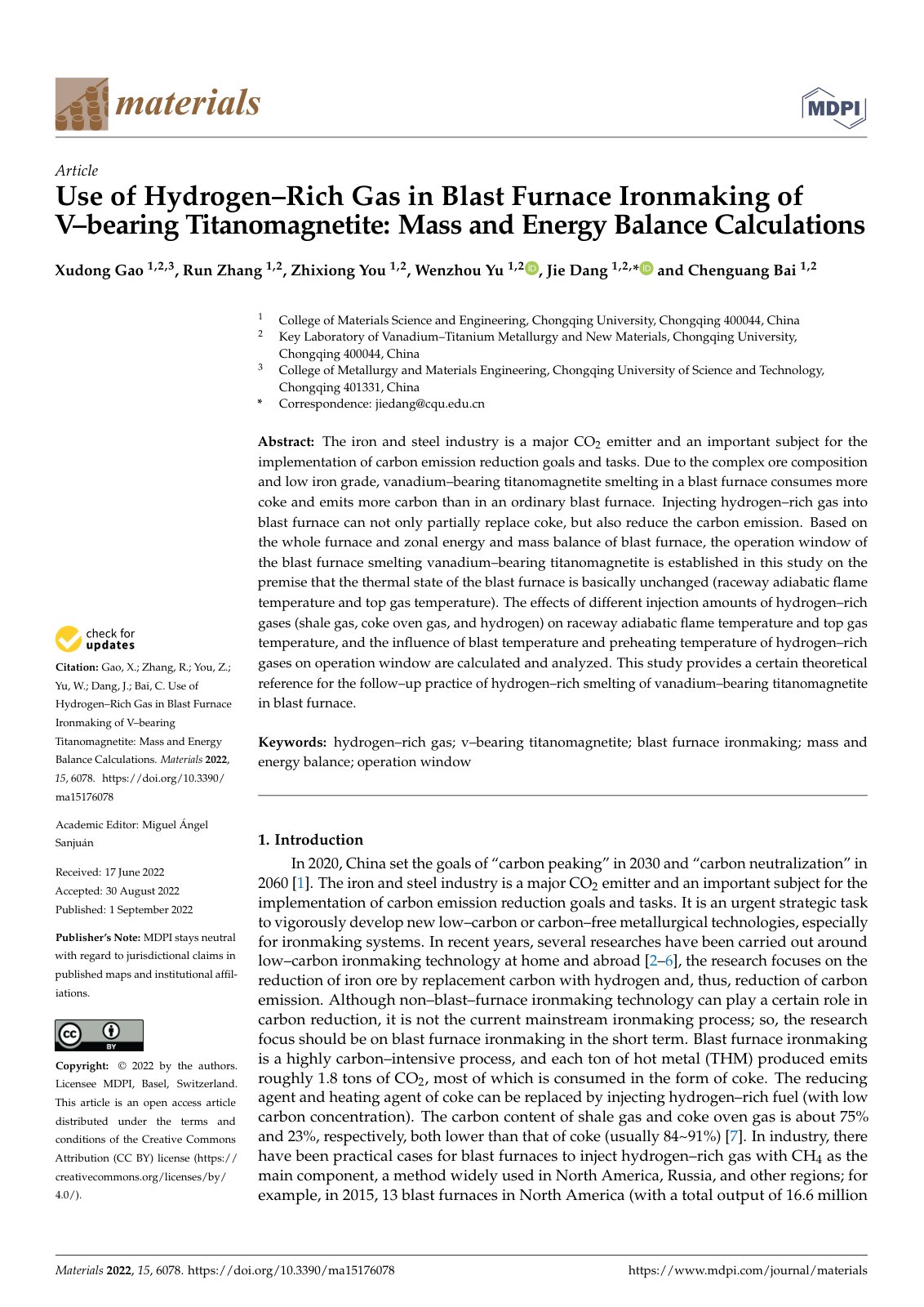 First page of 140 Use of Hydrogen Rich Gas in Blast Furnace Ironmaking of V bearing Titanomagnetite Mass and Energy Balance Calculati