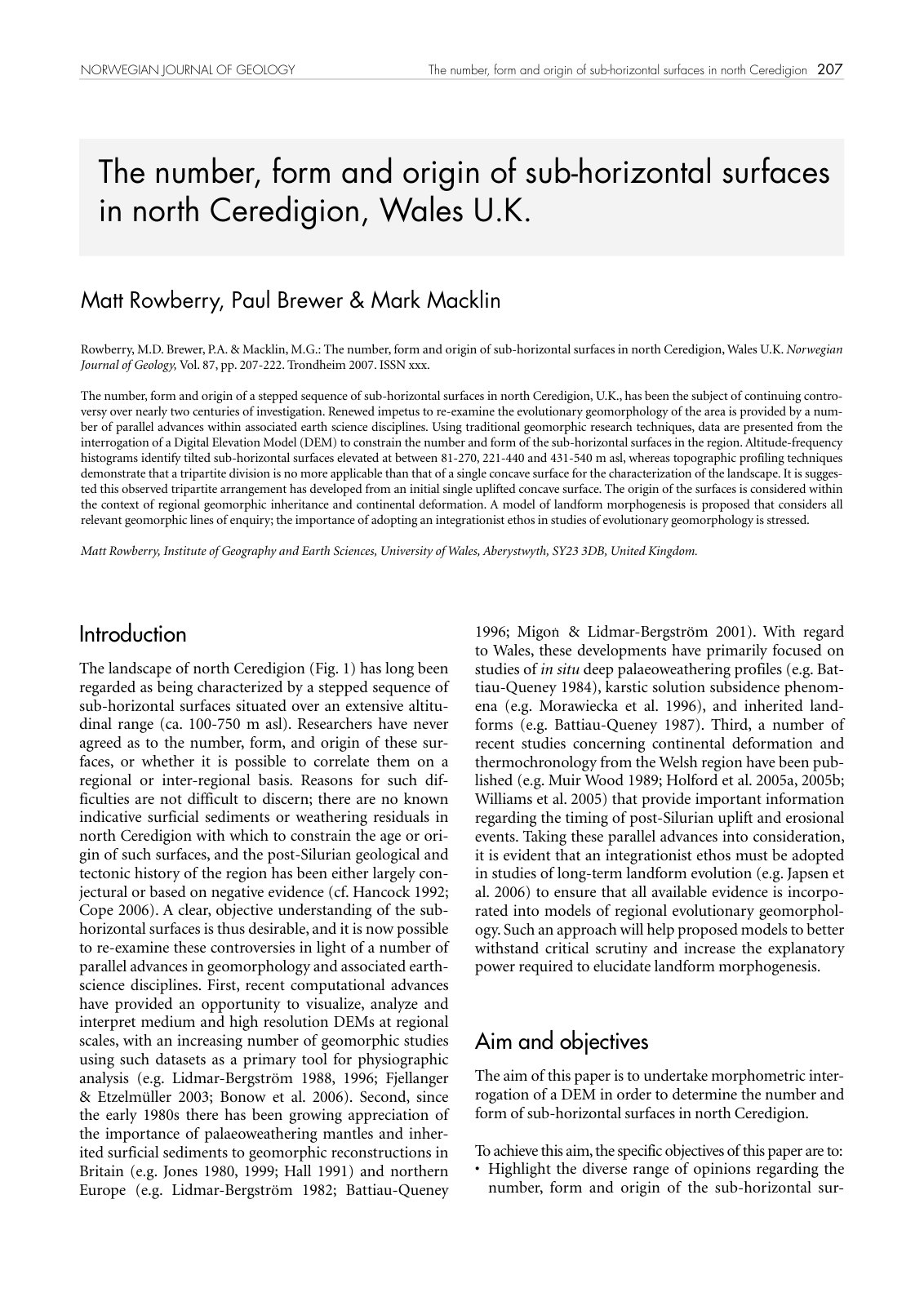 First page of The number, form and origin of sub-horizontal surfaces in north Ceredigion, Wales U.K.