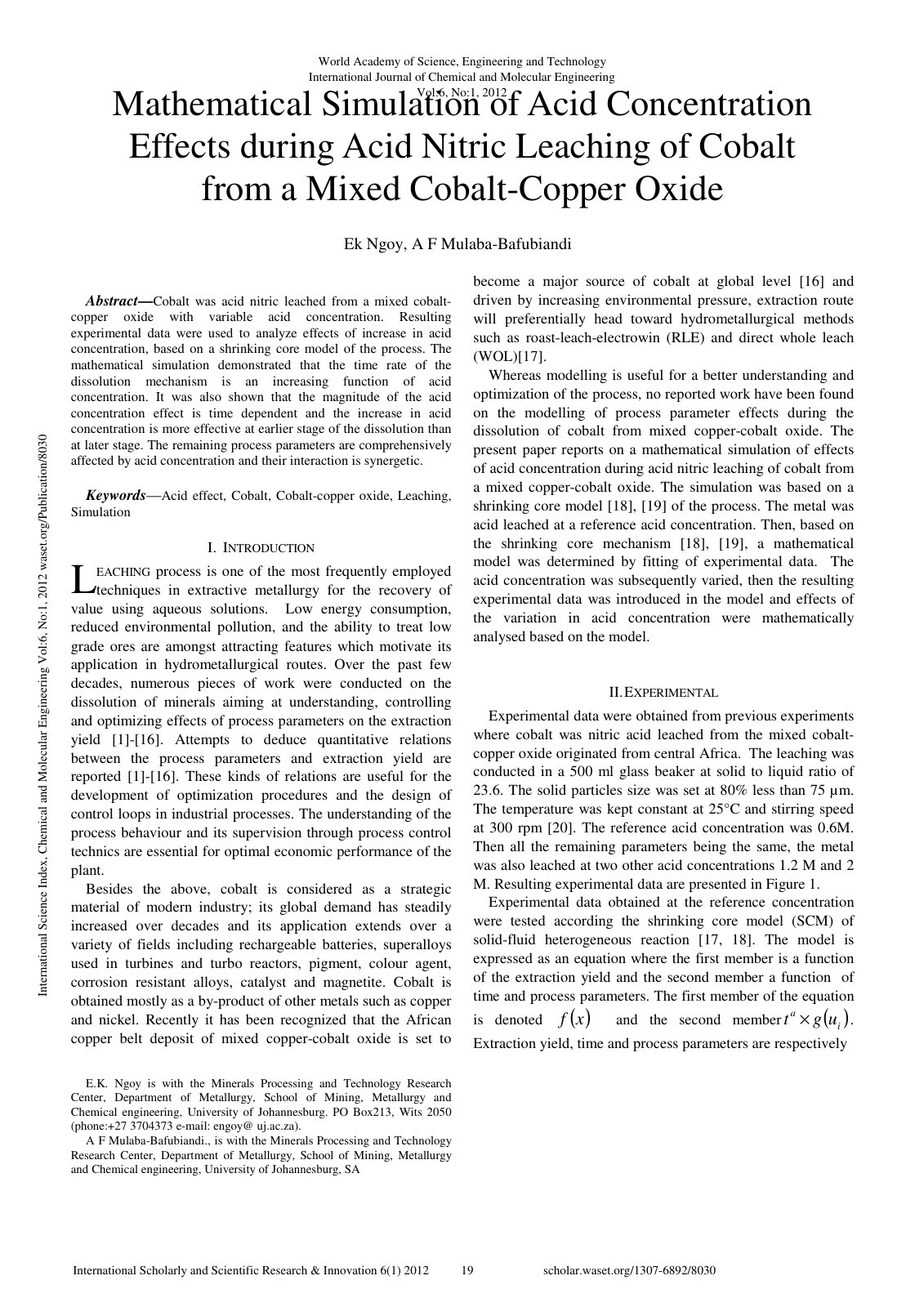 First page of Mathematical Simulation Of Acid Concentr