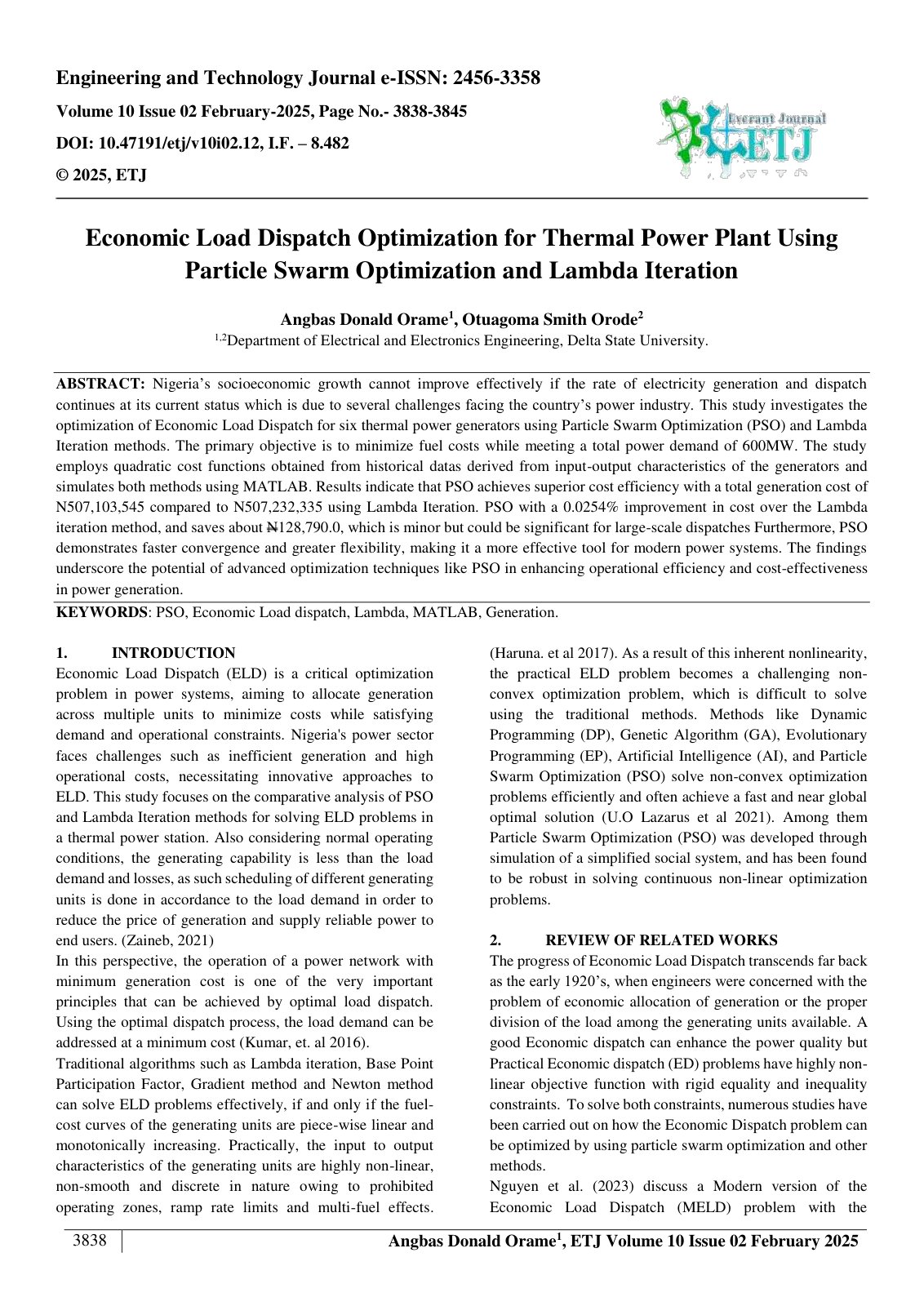 First page of Economic Load Dispatch Optimization for Thermal Power Plant Using  Particle Swarm Optimization and Lambda Iteration  