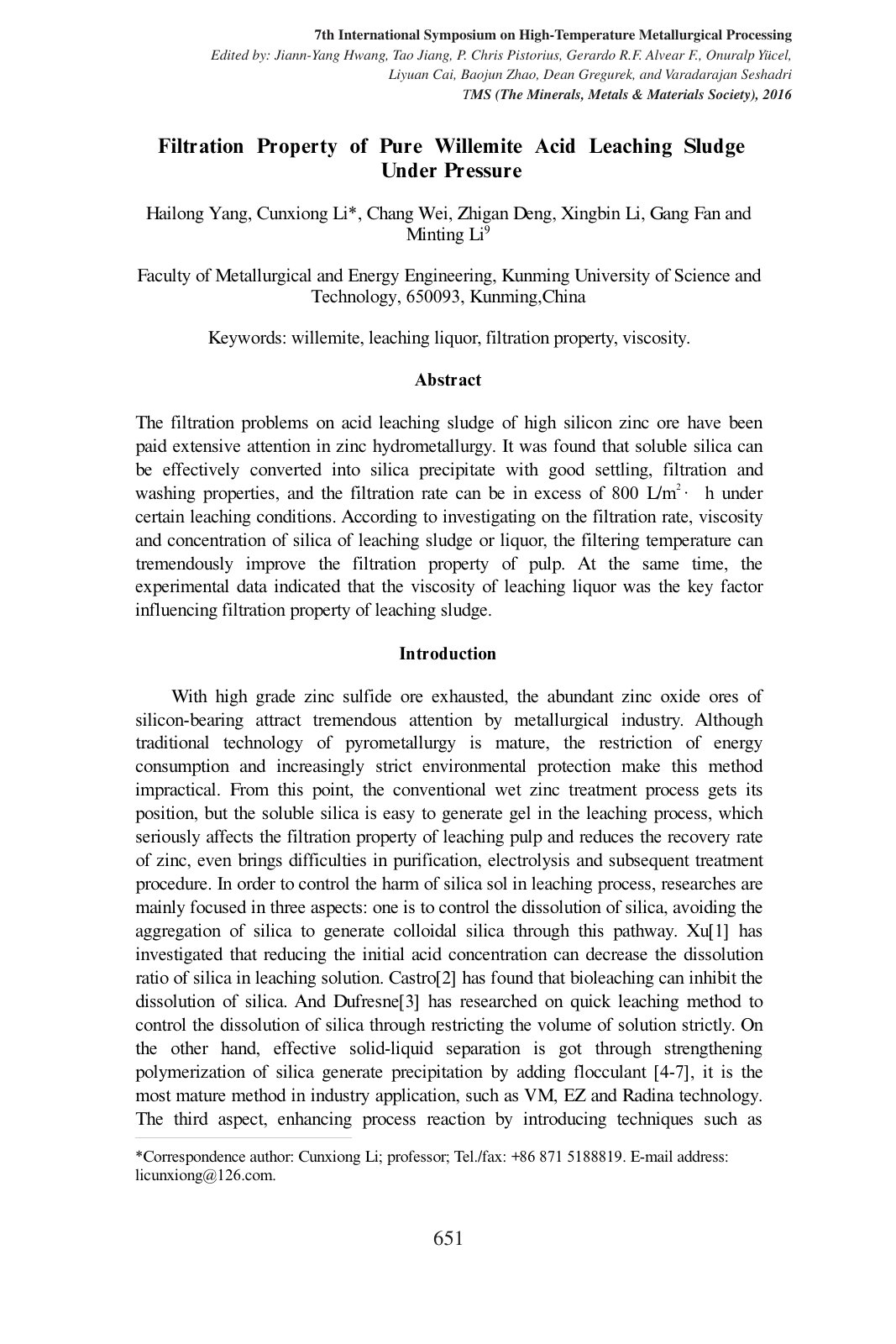 First page of Filtration Property of Pure Willemite Acid Leaching Sludge Under Pressure