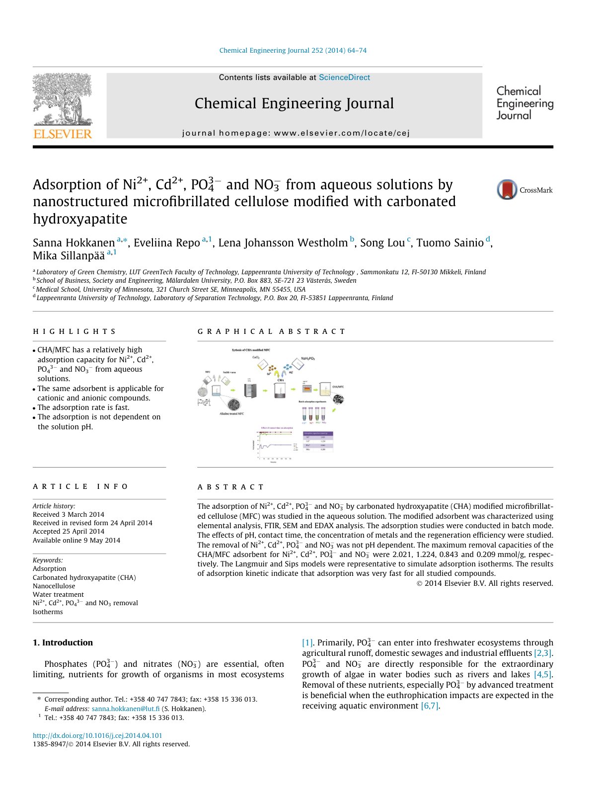 First page of Adsorption of Ni2 Cd2 PO43 and NO3 from