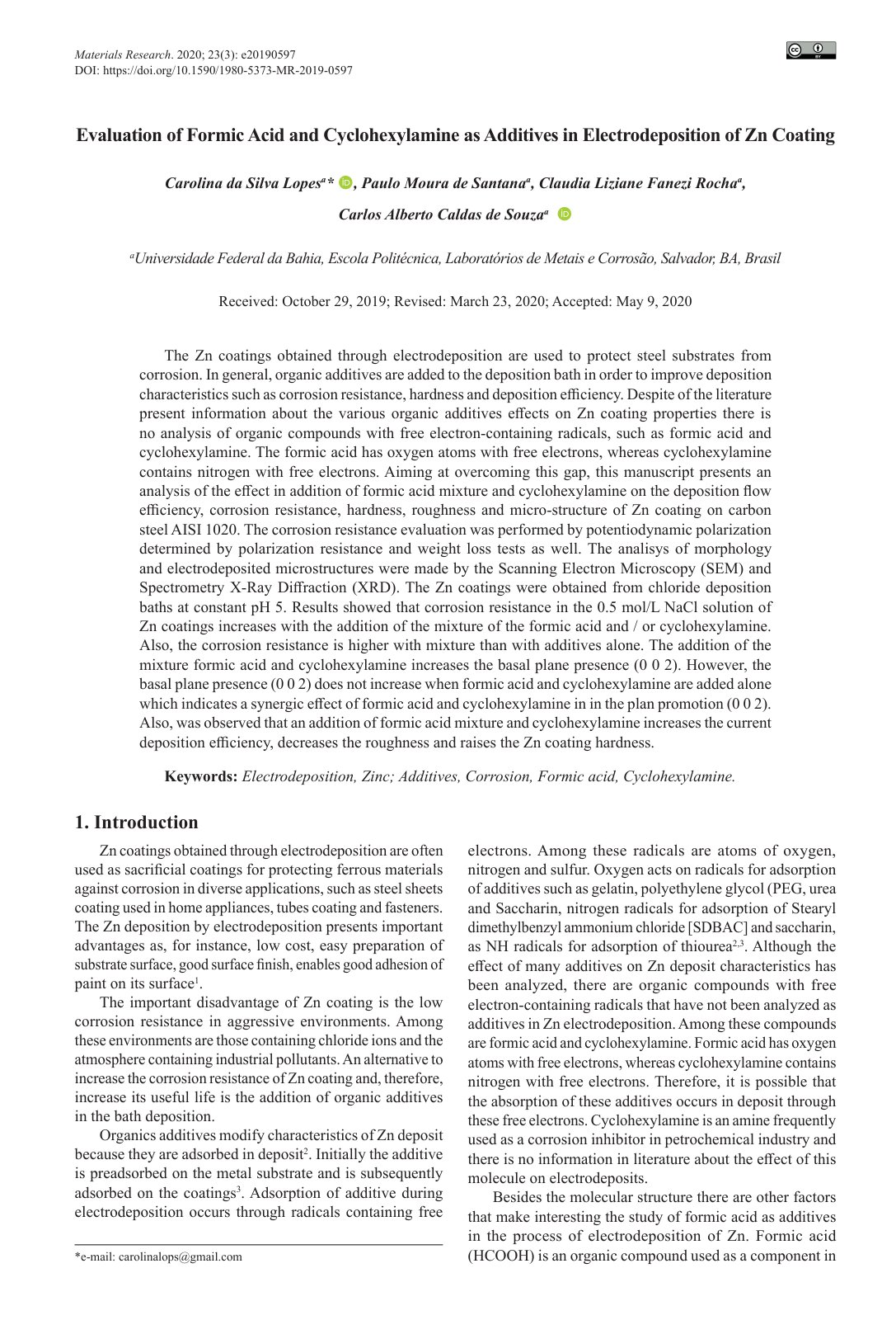 First page of Evaluation of Formic Acid and Cyclohexylamine as Additives in Electrodeposition of Zn Coating