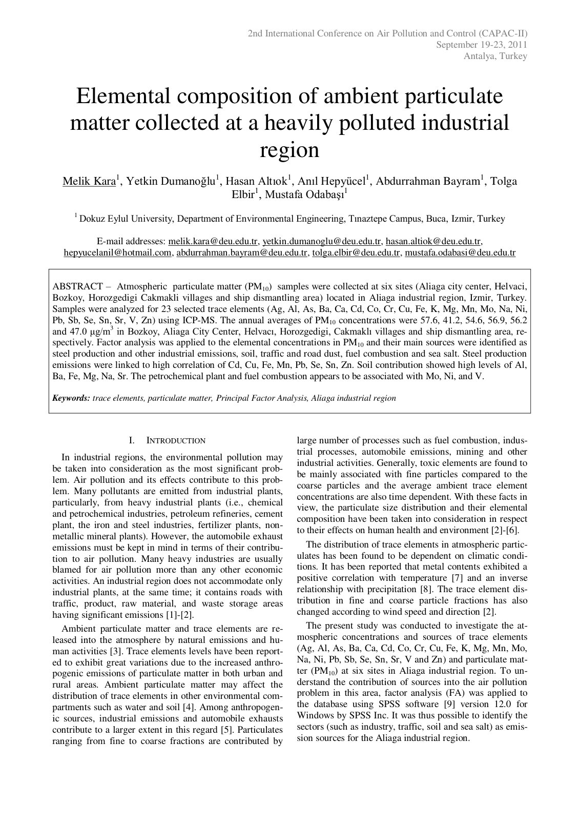 First page of Elemental composition of ambient particulate matter collected at a heavily polluted industrial region