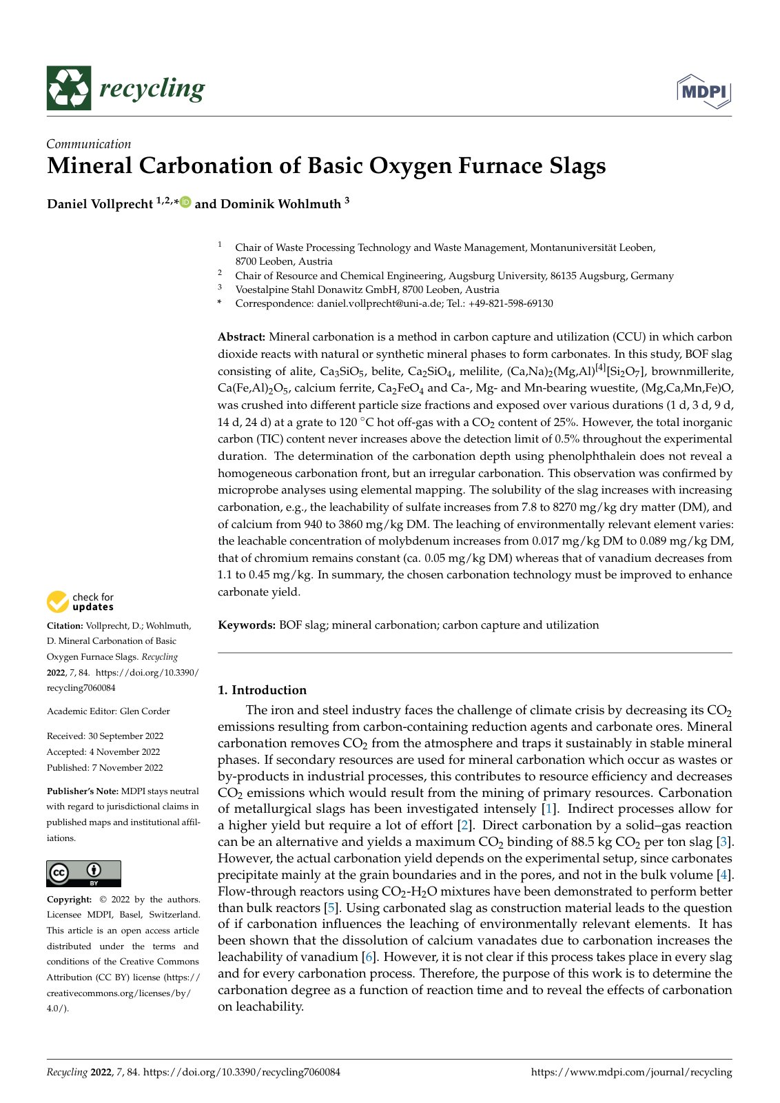 First page of Mineral Carbonation of Basic Oxygen Furn