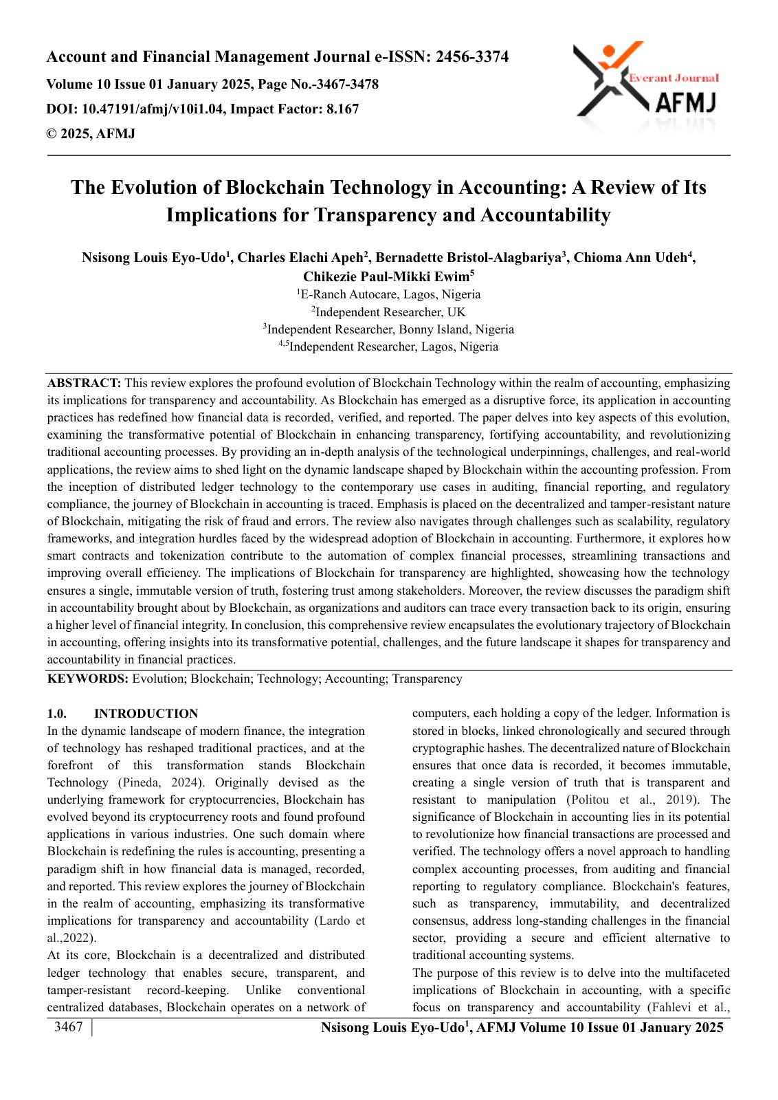 First page of The Evolution of Blockchain Technology in Accounting: A Review of Its Implications for Transparency and Accountability
