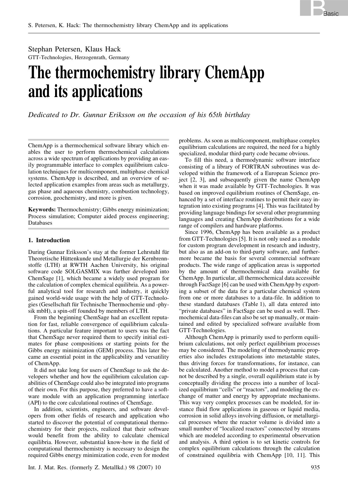 First page of The thermochemistry library ChemApp and its applications