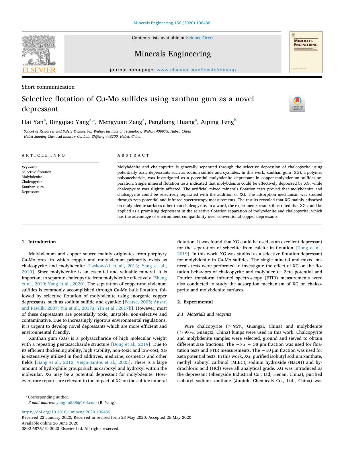 First page of Selective flotation of Cu Mo sulfides using xanthan gum  2020 Minerals Engin