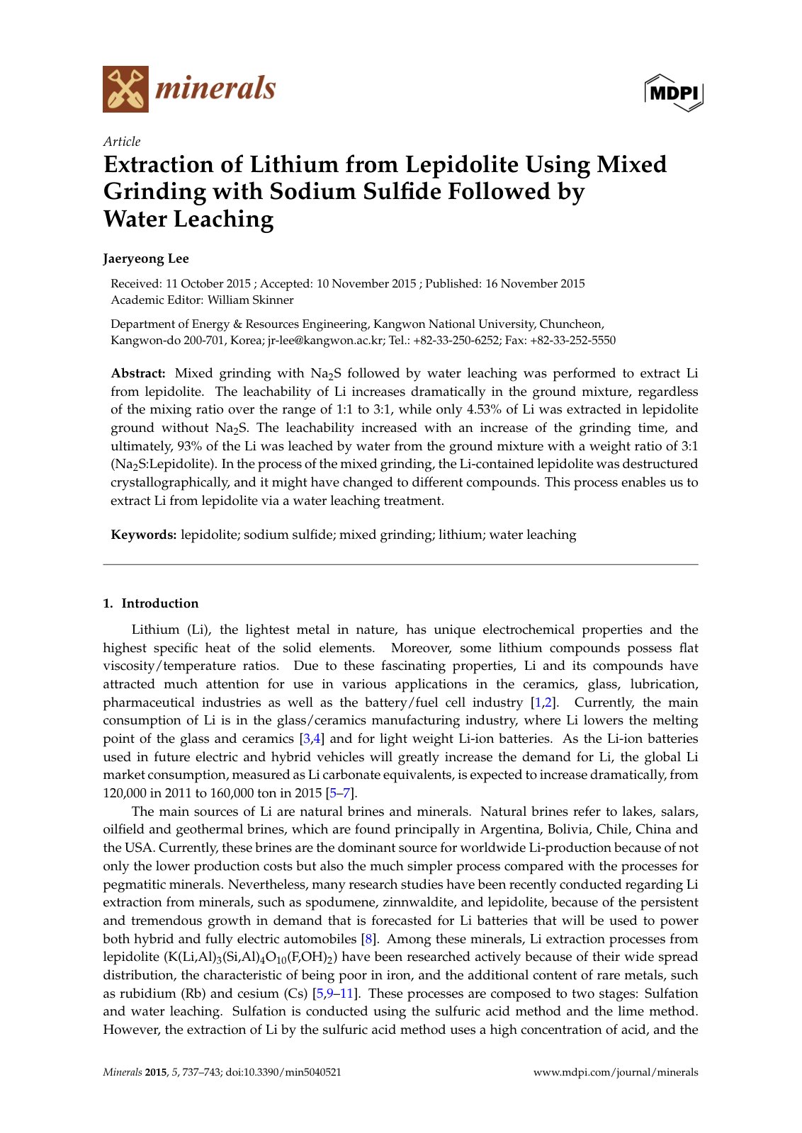 First page of Extraction of Lithium from Lepidolite Us