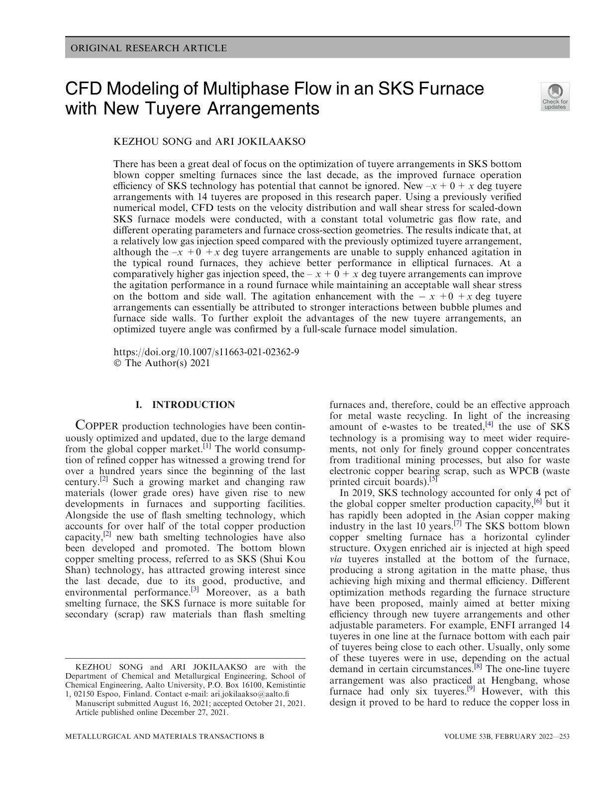 First page of CFD Modeling of Multiphase Flow in an SKS Furnace with New Tuyere Arrangements