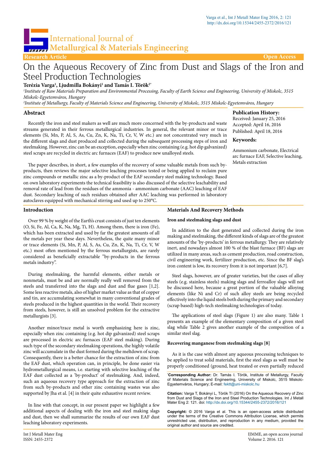 First page of On the Aqueous Recovery of Zinc from Dus