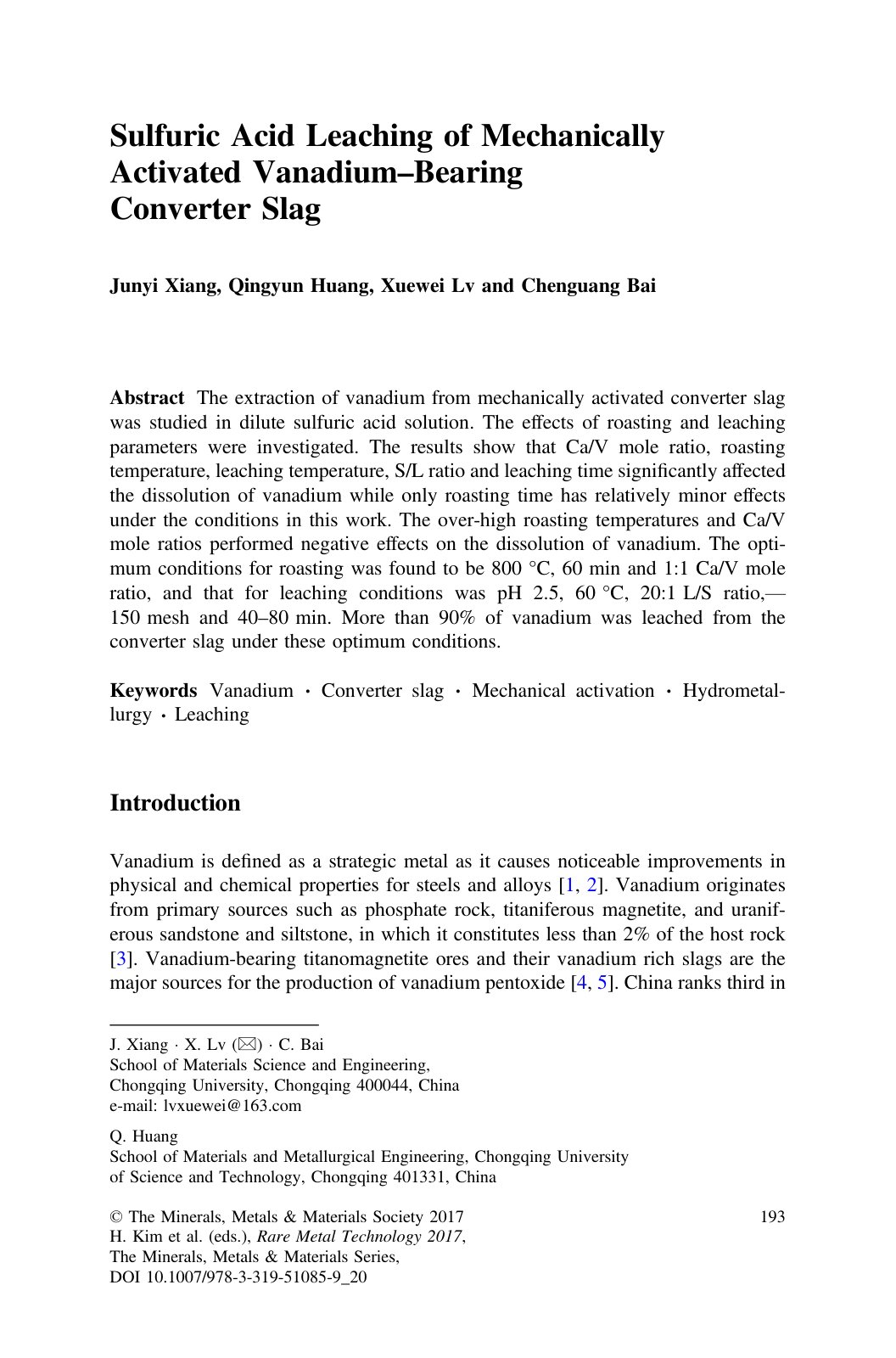 First page of Sulfuric Acid Leaching of Mechanically Activated Vanadium –Bearing Converter Slag