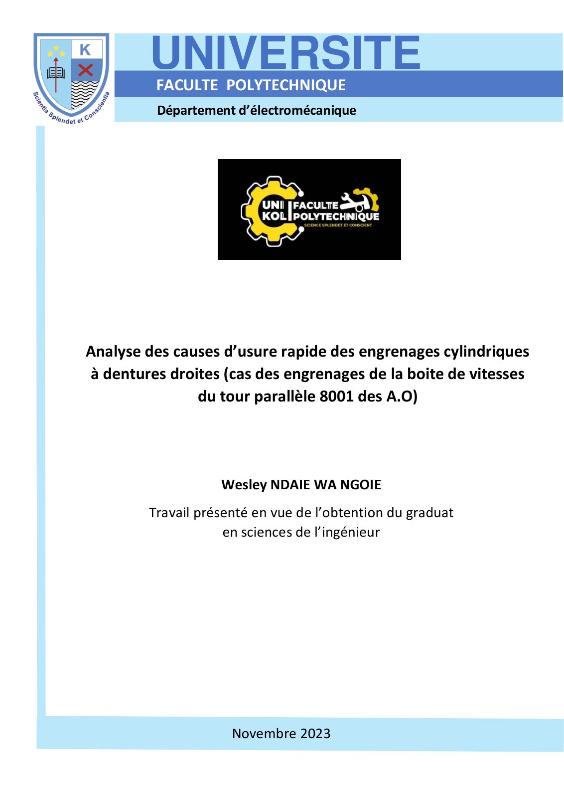 First page of Analyse des causes d’usure rapide des engrenages cylindriques à dentures droites (cas des engrenages de la boite de vitesses du tour parallèle 8001 des A.O)