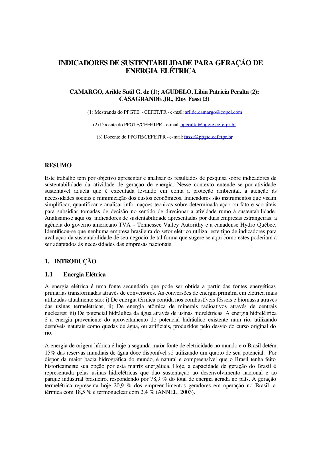 First page of INDICADORES DE SUSTENTABILIDADE PARA GER