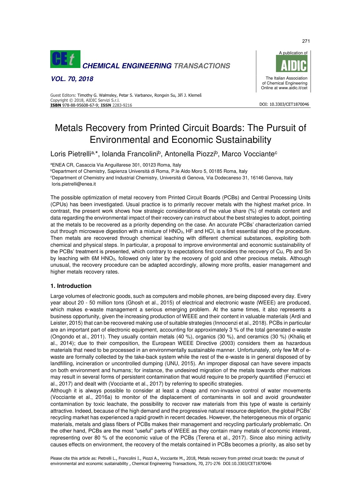 First page of Metals recovery from printed circuit boa