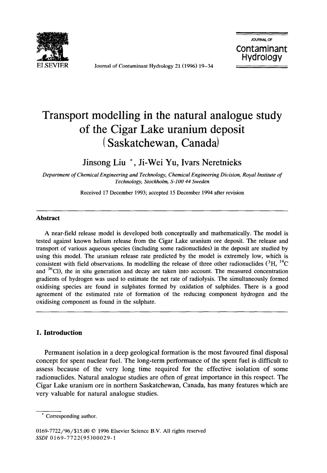 First page of Transport modelling in the natural analogue study of the Cigar Lake uranium deposit (Saskatchewan, Canada)