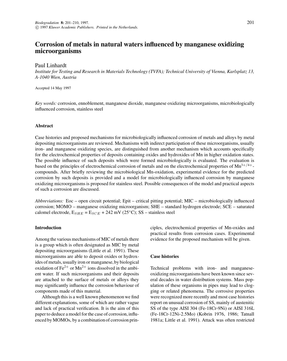 First page of Corrosion of metals in natural waters influenced by manganese oxidizing microorganisms