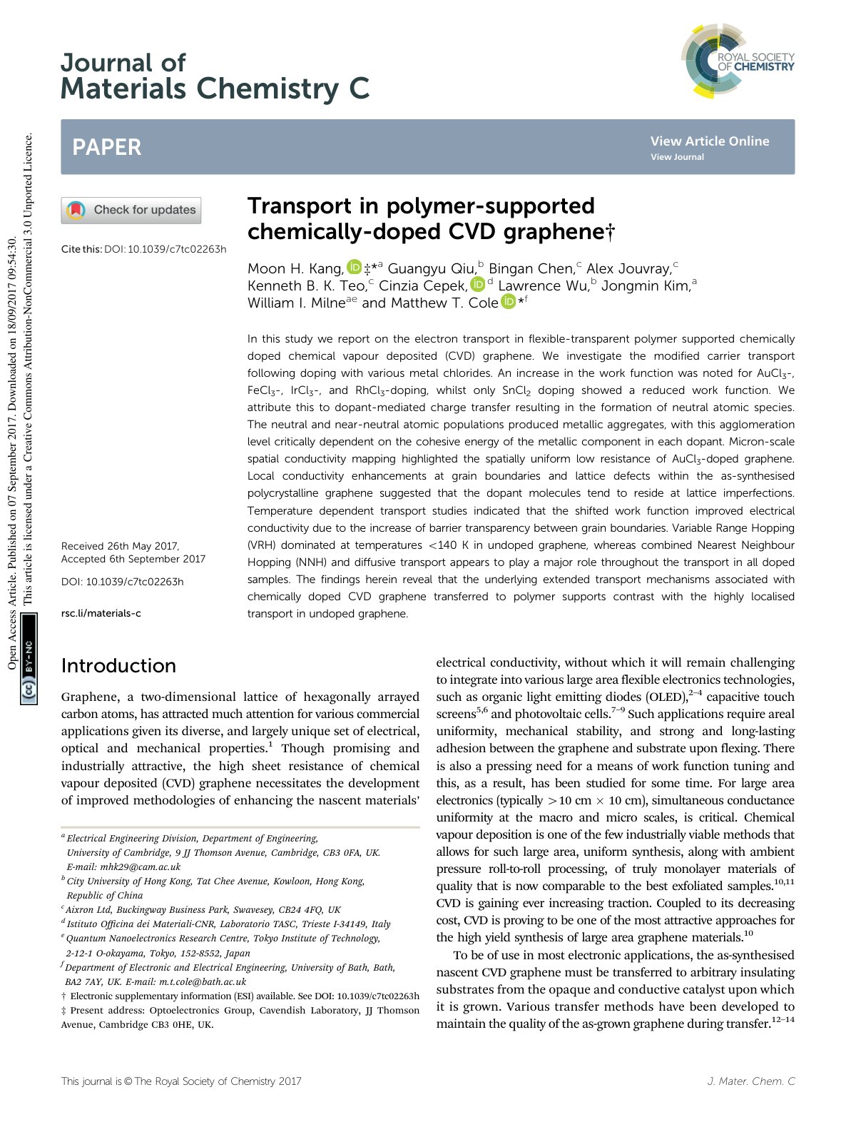 First page of Transport in polymer-supported chemically-doped CVD graphene