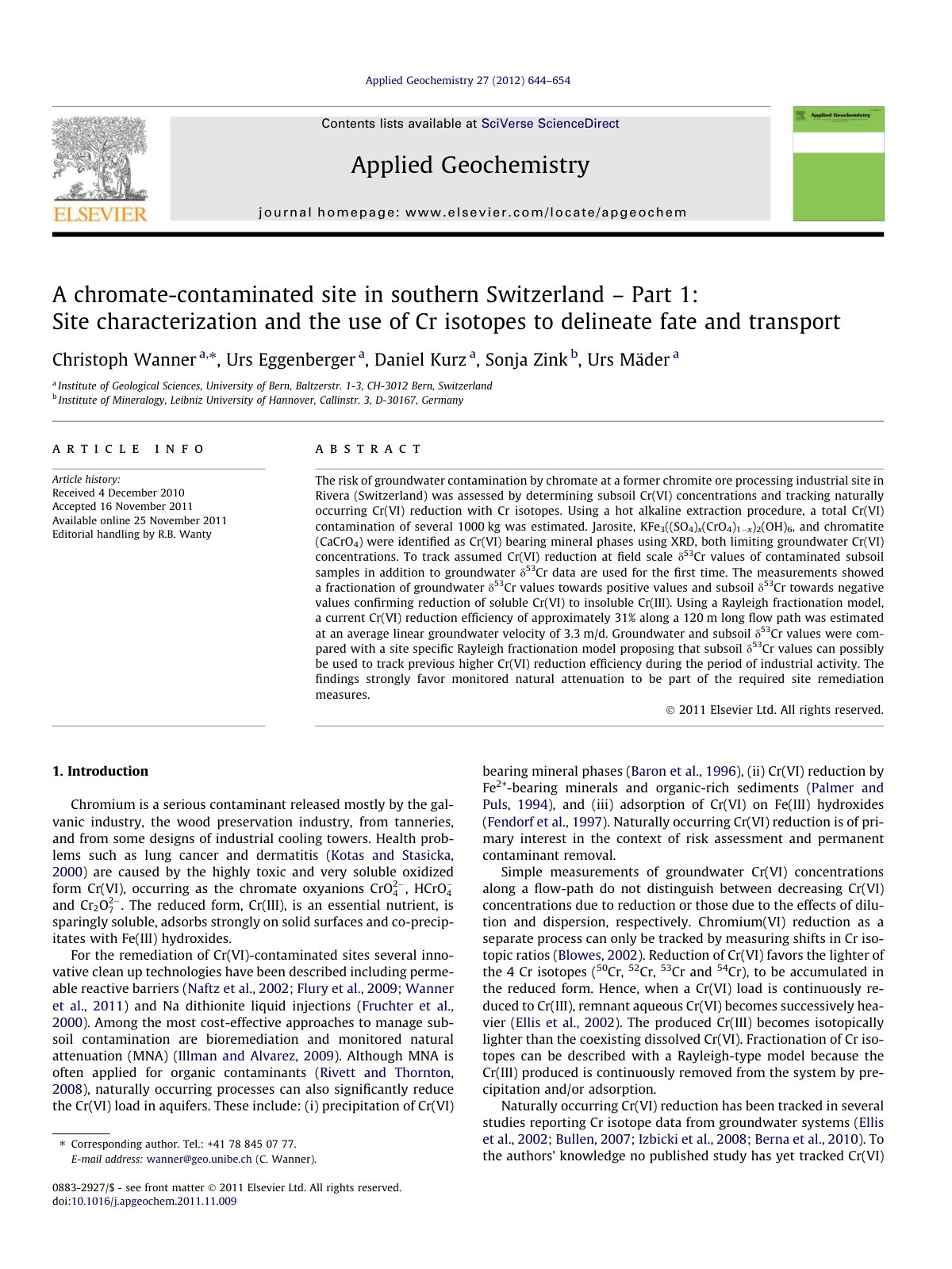 First page of A chromate-contaminated site in southern Switzerland – Part 1: Site characterization and the use of Cr isotopes to delineate fate and transport